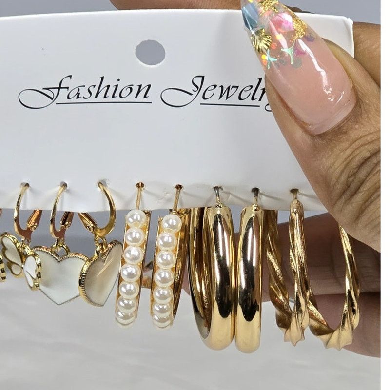 Other 5-Pair Gold-Tone Fashion Earrings Set Pearl, Hoop, Dangle Size ONE SIZE - 3 Thumbnail