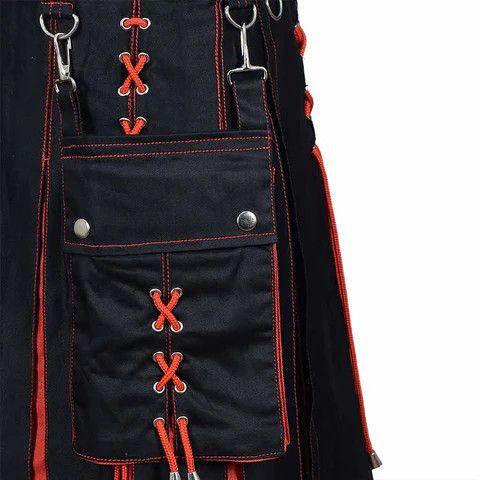 Other Fashion Utility Black Hybrid Kilt with Red Pleats and Lacing Size US 42 / EU 58 - 4 Thumbnail