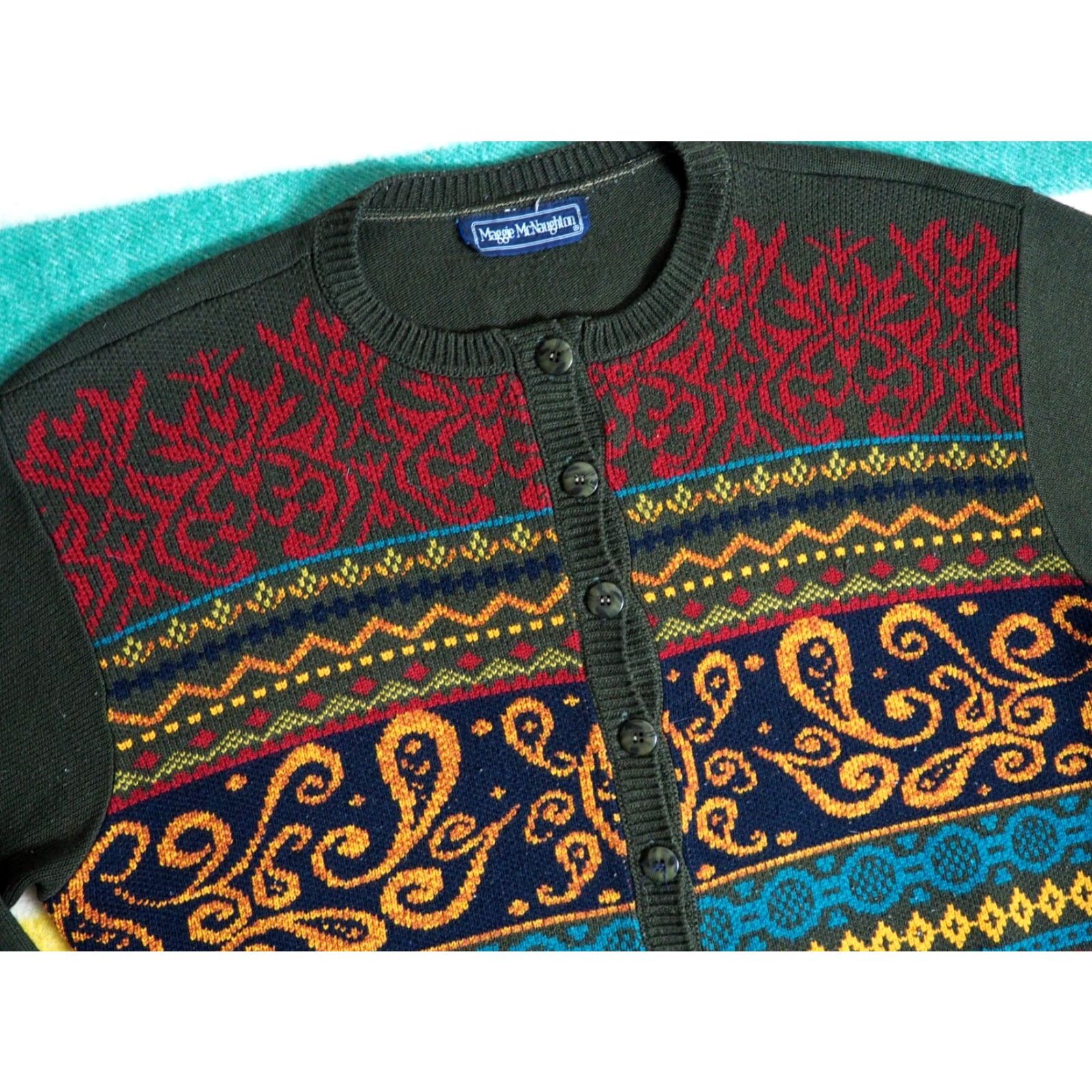 Vintage VINTAGE Maggie McNaughton Forest Green Tapestry Acrylic Button Cardigan 2XL 80s 90s Geometric Mens Womens? Size XXL / US 16-18 / IT 52-54 - 5 Thumbnail