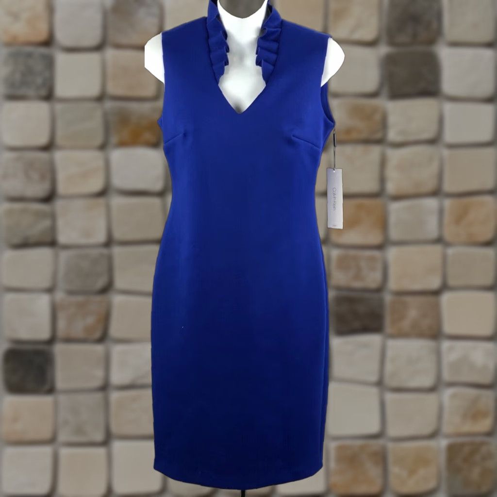 Calvin Klein Sleeveless Sheath Bodycon Midi Dress 4 Blue Ruffles Scuba Contrast Dress - Women - Midi - Blue - 4 - Bodycon Sheath - Calvin Klein