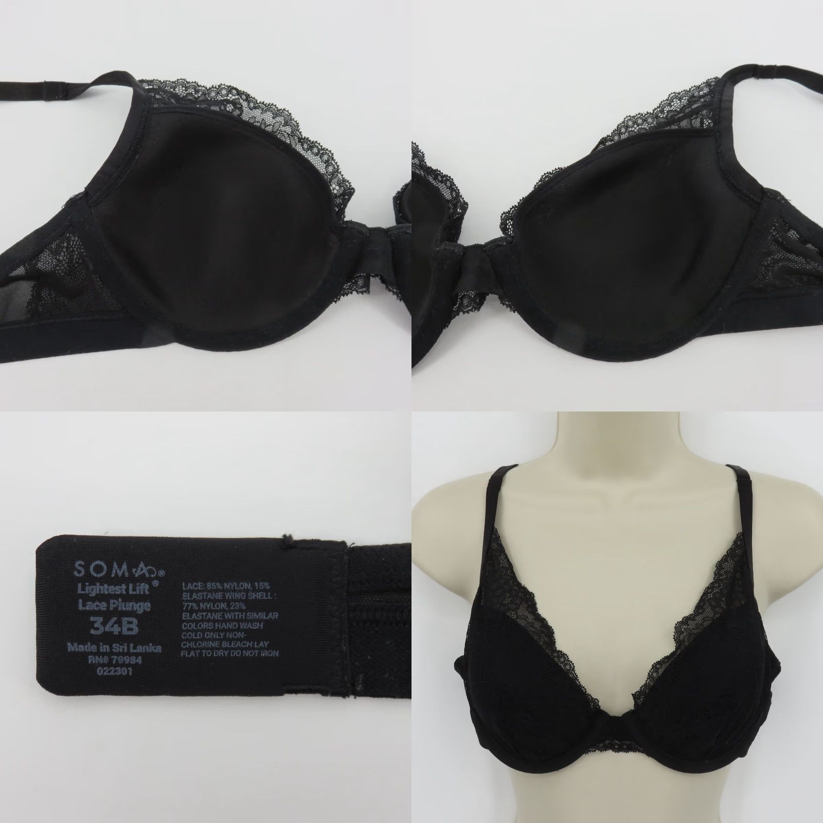 Vintage Soma Bra 34B Lightest Lift Lace Plunge Underwire Black Floral Women T-Shirt Bra Mens? Size ONE SIZE - 8 Thumbnail