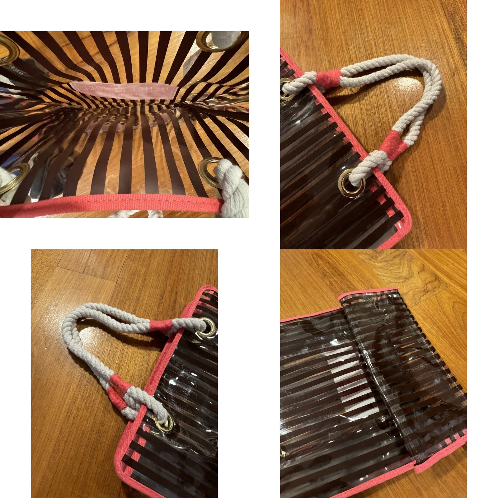 Henri Bendel VINTAGE Henri Bendel Tote Bag Womens Canvas Trimmed Tote Pink Brown White Stripe Medium Size ONE SIZE - 8 Thumbnail