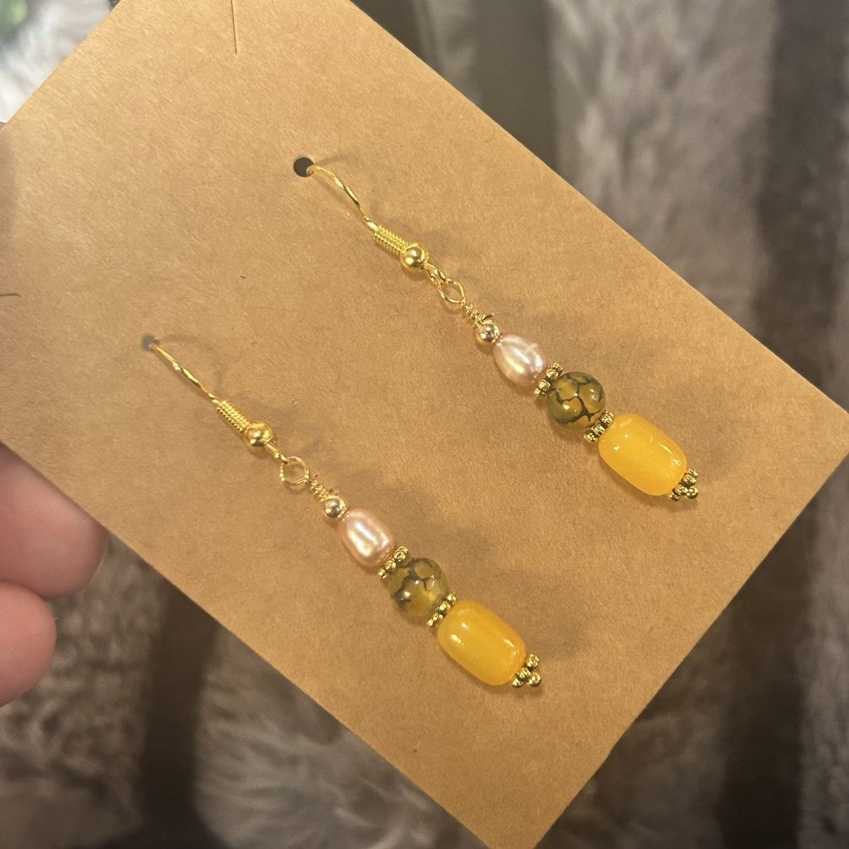 Handmade Handcrafted lemon cat eye glass barrel dragon vein earrings Size ONE SIZE - 1 Thumbnail