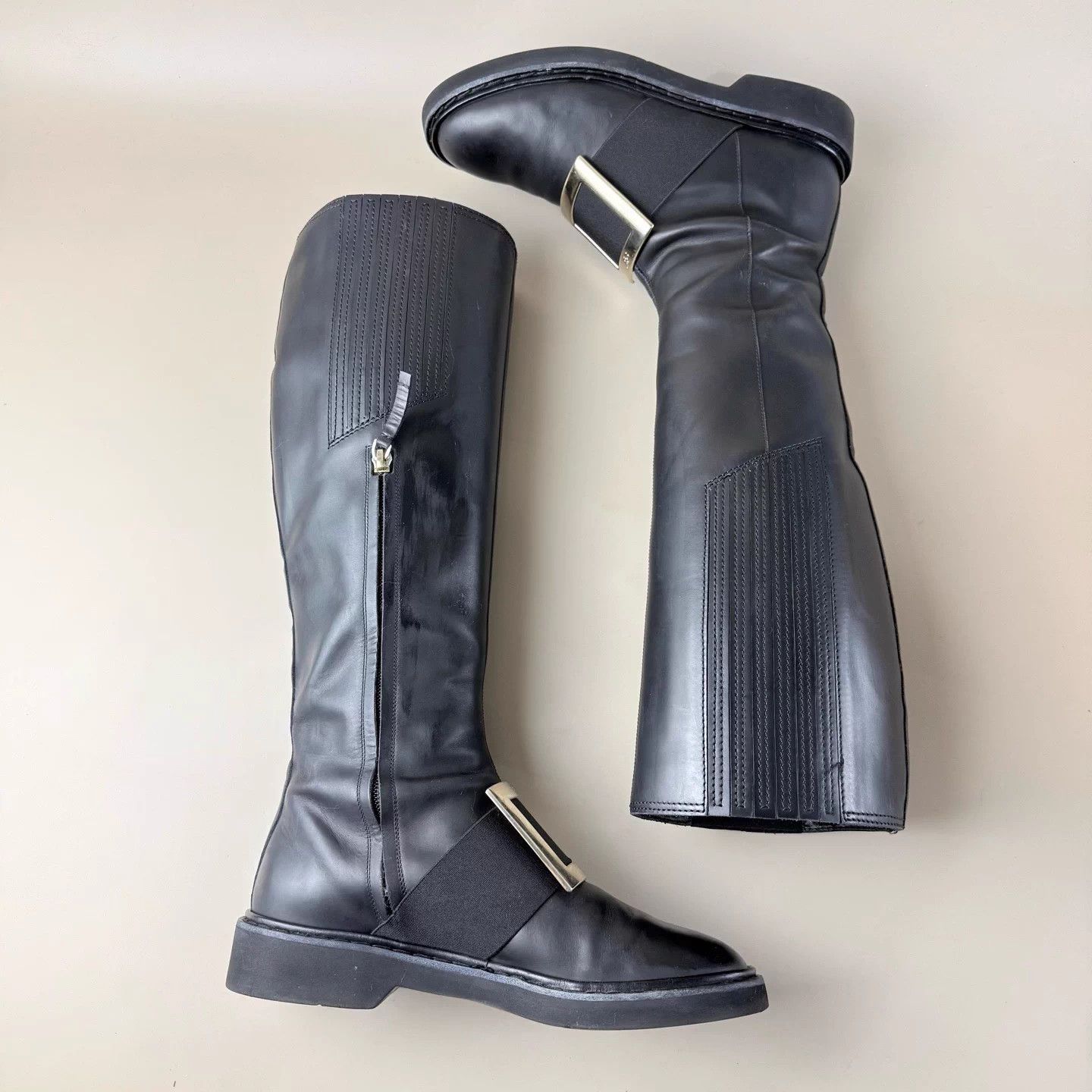 Roger Vivier RV black gold square buckle zip knee-high boots 37.5 Size US 6.5 / IT 36.5 - 6 Thumbnail