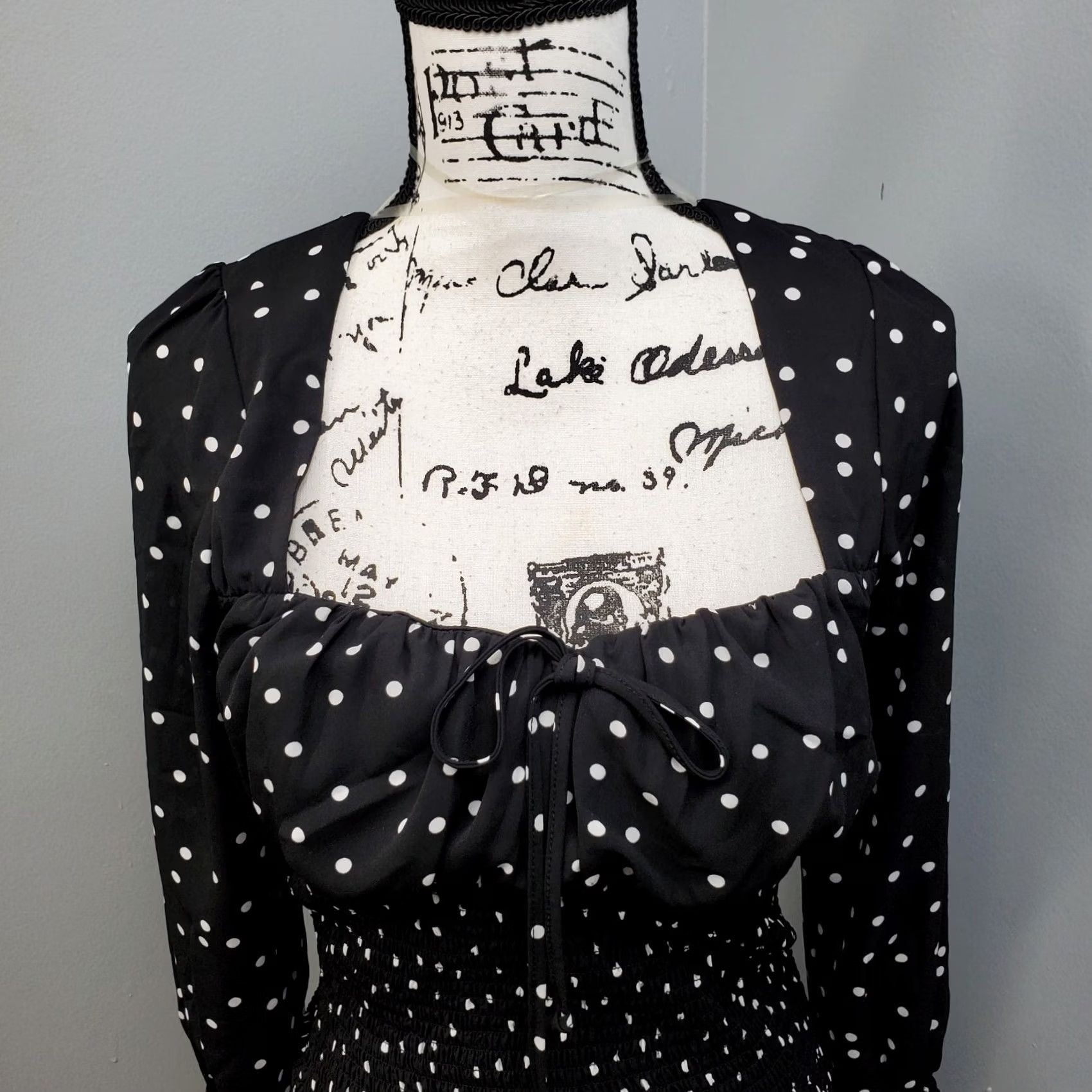 Vintage Row A Mini Dress Womens Small Black White Polka Dot Smocked Square Neck Tie Front Dress Size S / US 4 / IT 40 - 3 Thumbnail