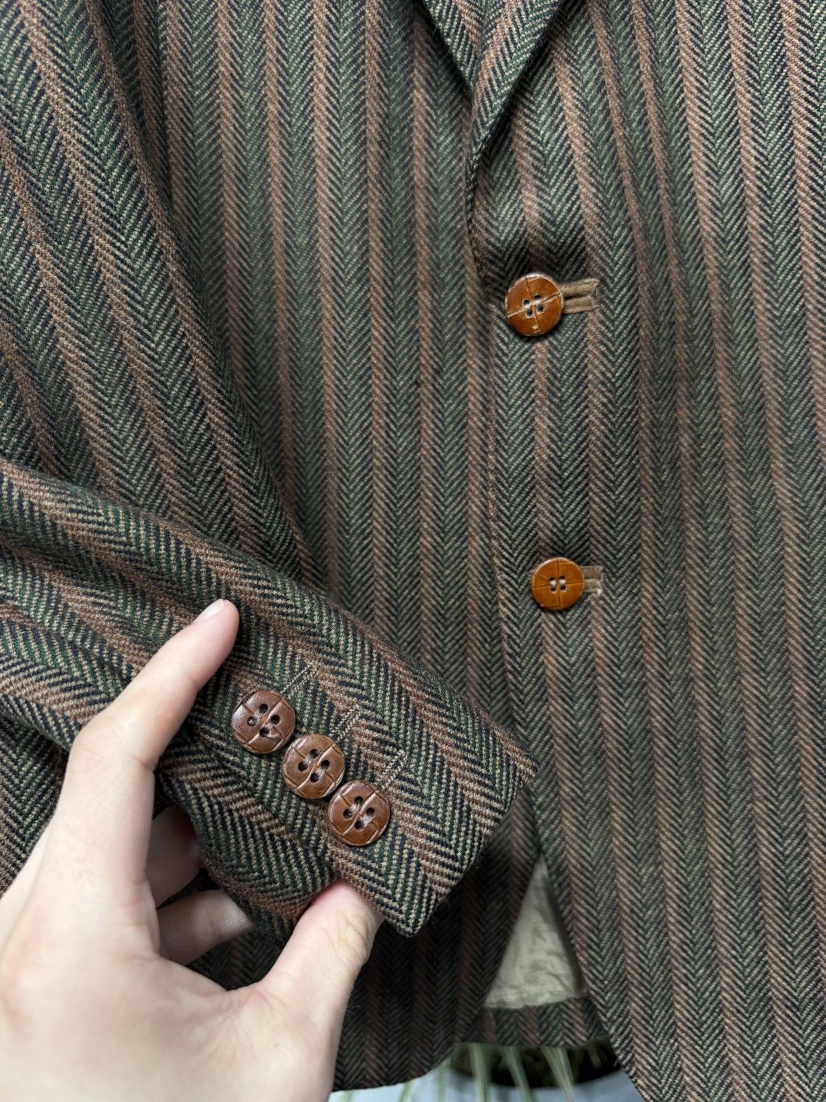 Yves Saint Laurent Vintage YSL Blazer Brown Herringbone Wool Leather Buttons IT Size 44S - 8 Thumbnail