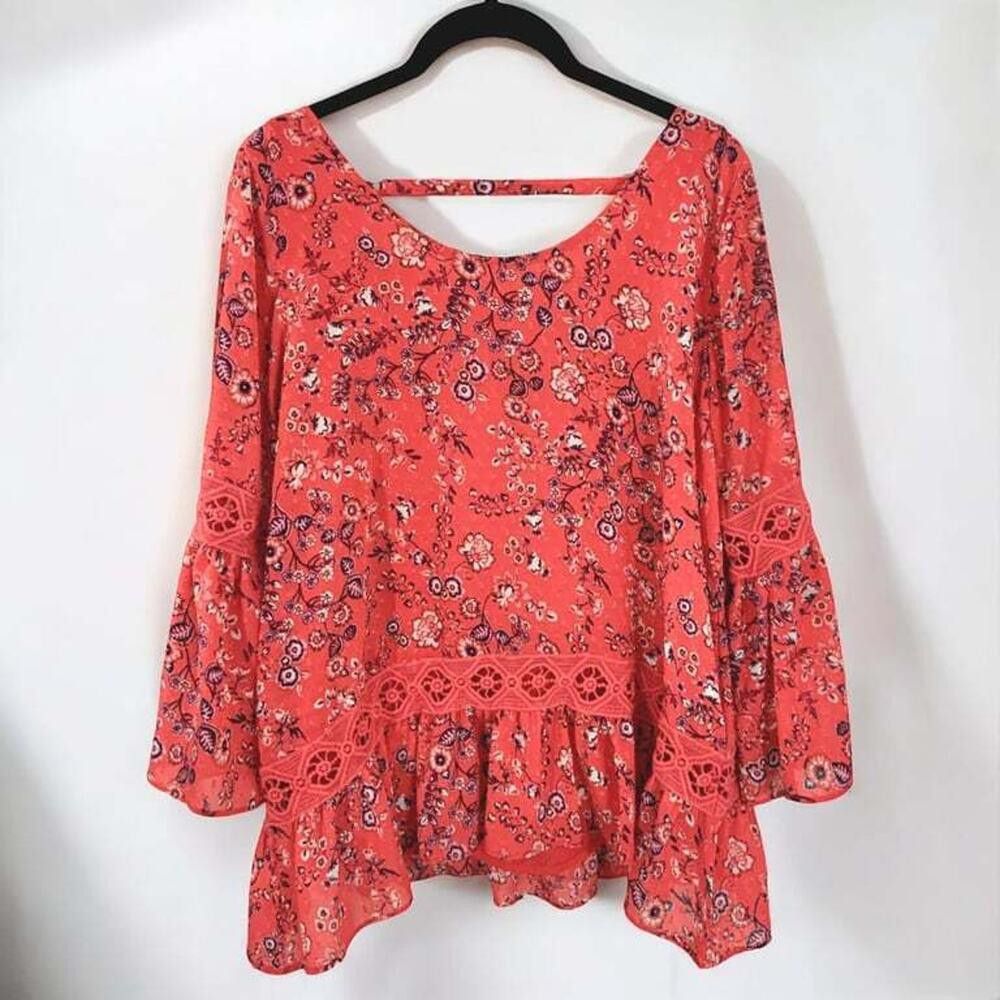 Designer Floral Bell Sleeve Blouse - Vibrant Coral Size S / US 4 / IT 40 - 1 Thumbnail