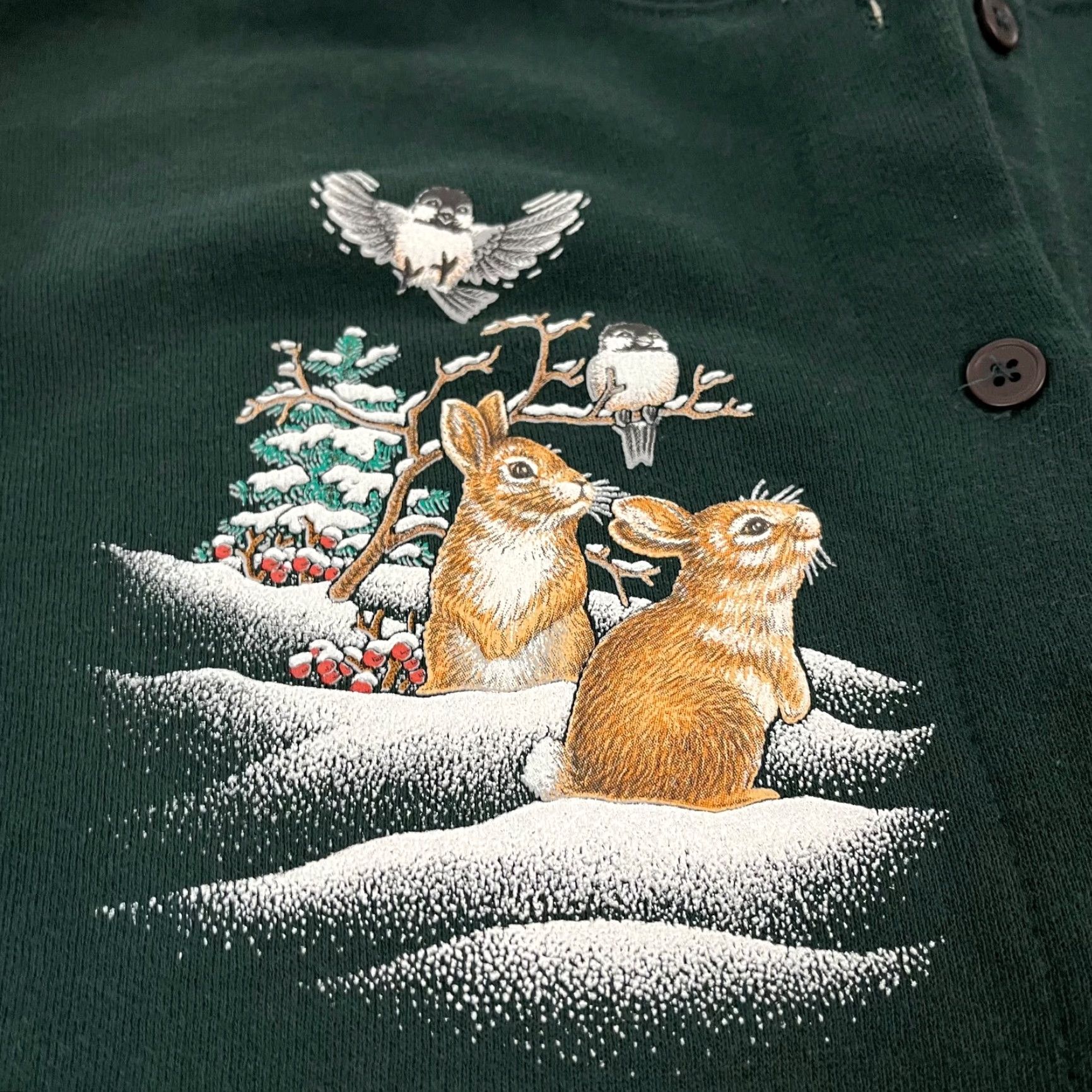 Vintage VINTAGE Morning Sun Cardigan Sweater Women's Large Green Christmas Tree Rabbit Bird Nature Knit Crew Neck Long Sleeve 90s Animals Size L / US 10 / IT 46 - 3 Thumbnail
