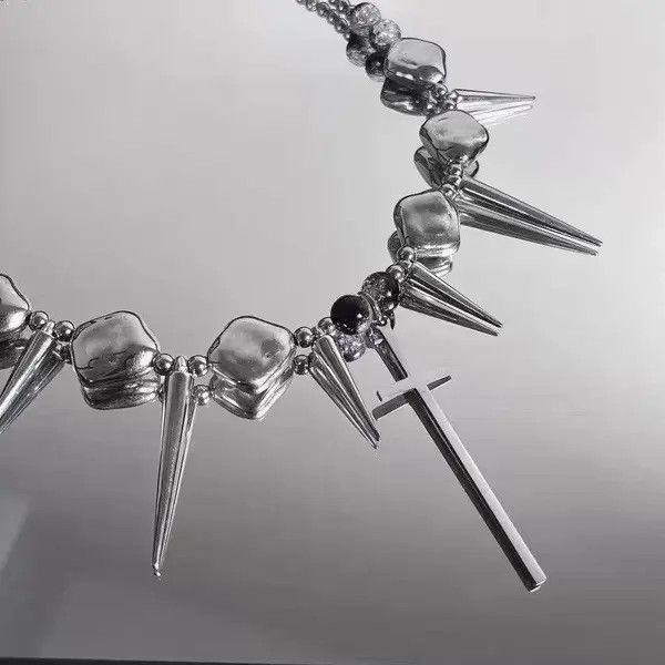 Jewelry Silver Color Thorns Punk With Cross Necklace Choker Size ONE SIZE - 3 Thumbnail