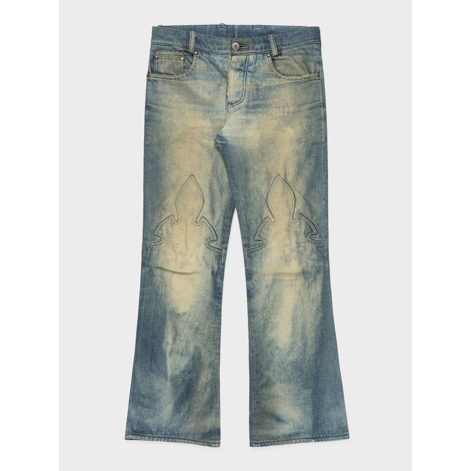 image of Chrome Hearts Faded Fleur Knee Jeans in Blue, Men's (Size 31)