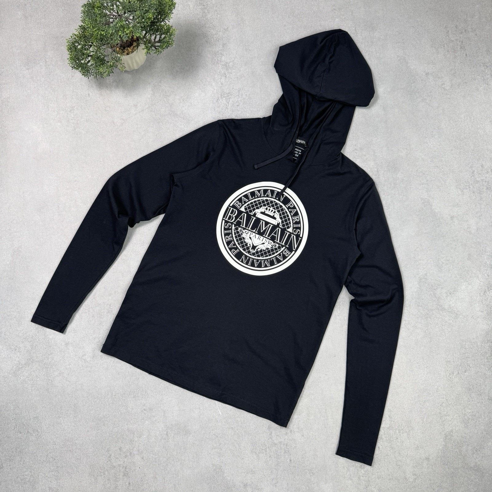 Balmain Paris Long Sleeve T-Shirt With Hood Size XS Black