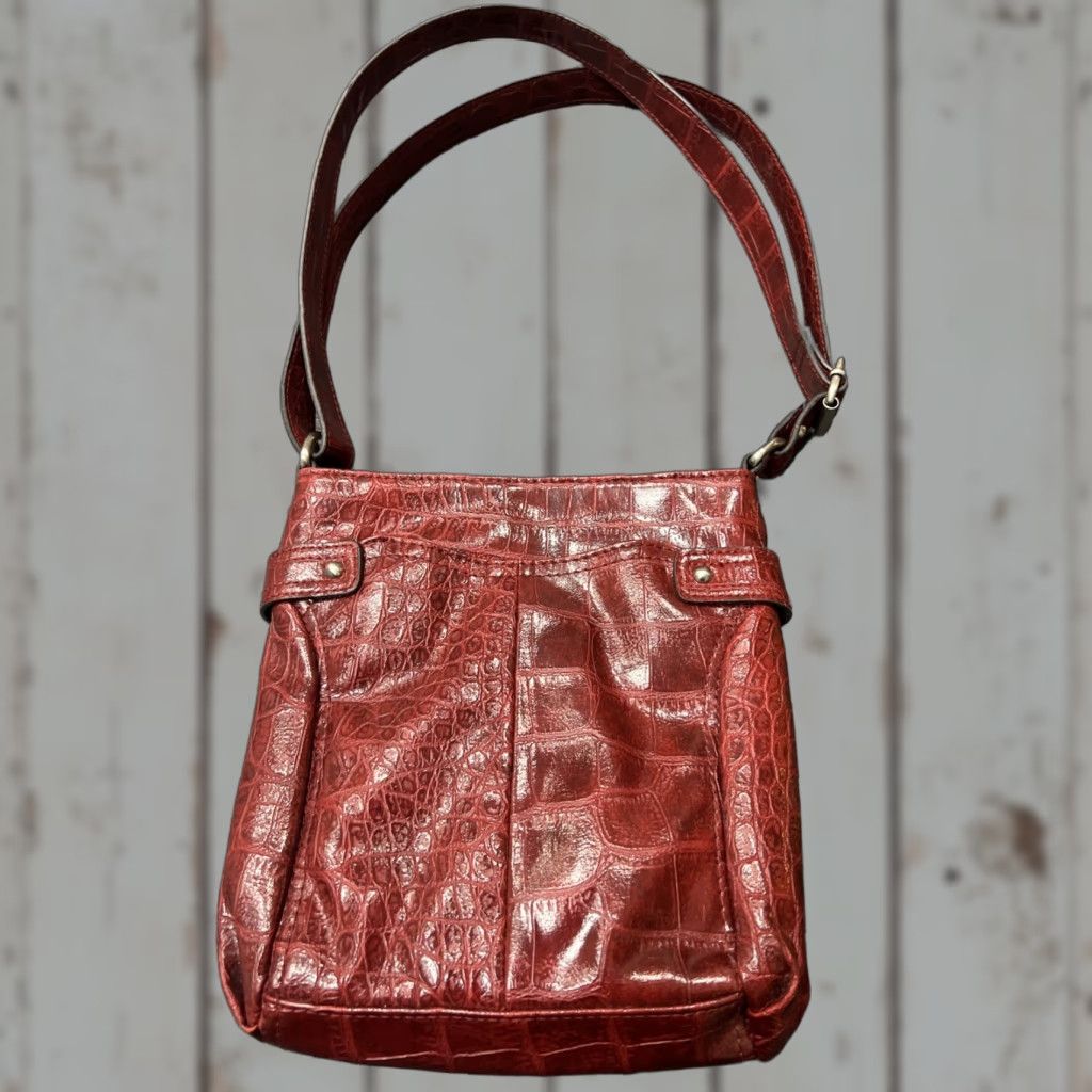 Vintage Bueno Crossbody Bag Women’s Burgundy Red Faux Leather Crocodile Pattern Medium Adjustable Strap Size ONE SIZE - 1 Thumbnail