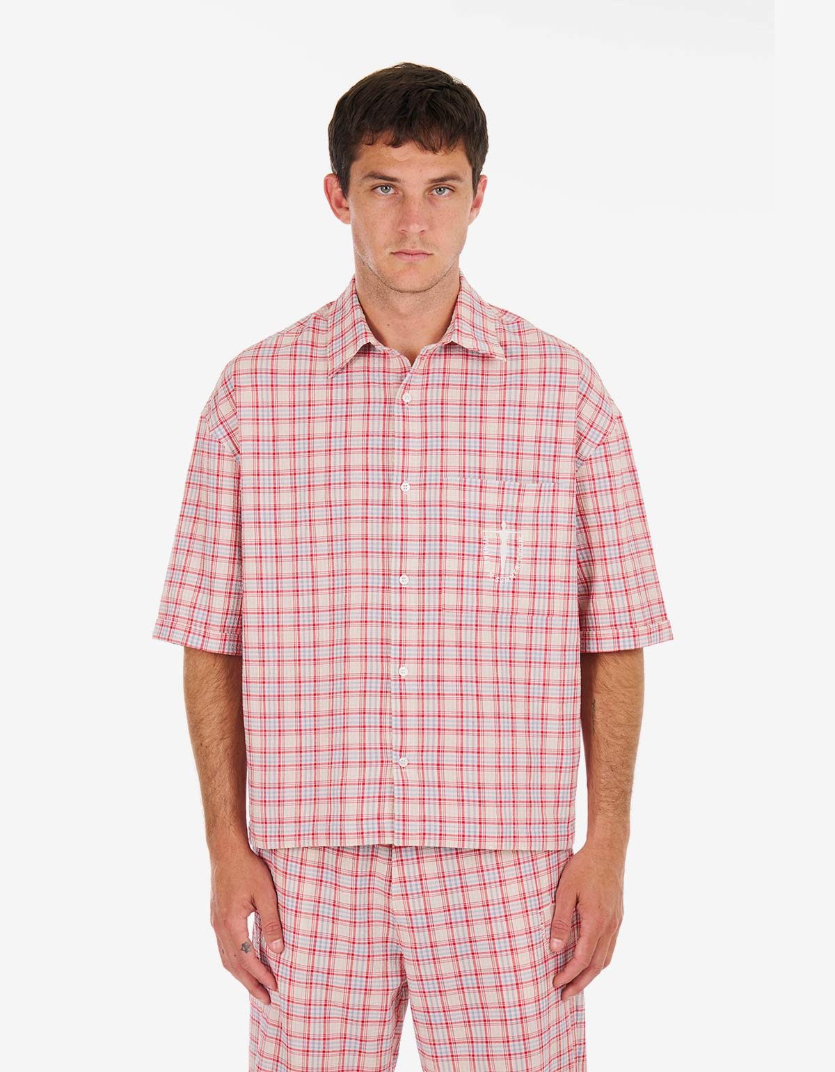 Nahmias Red Plaid Summerlandum Cropped Short Sleeve Shirt