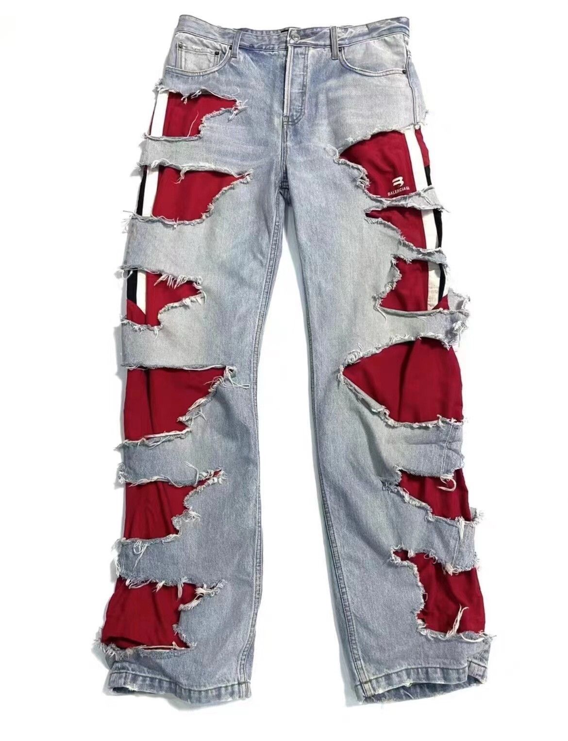 Balenciaga Balenciaga Red Layered Distressed Denim Pants Size US 26 / EU 42 - 1 Preview