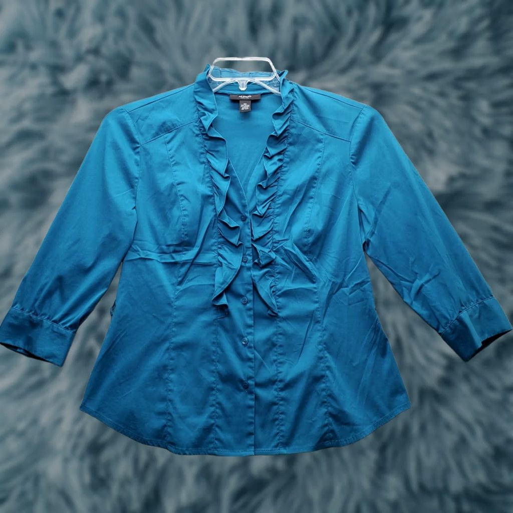 Alfani Alfani Shirt Womens Size 8P Blue Long Sleeve V-Neck Button Front Ruffle Top Front Button-Up Blouse Size M / US 6-8 / IT 42-44 - 1 Thumbnail