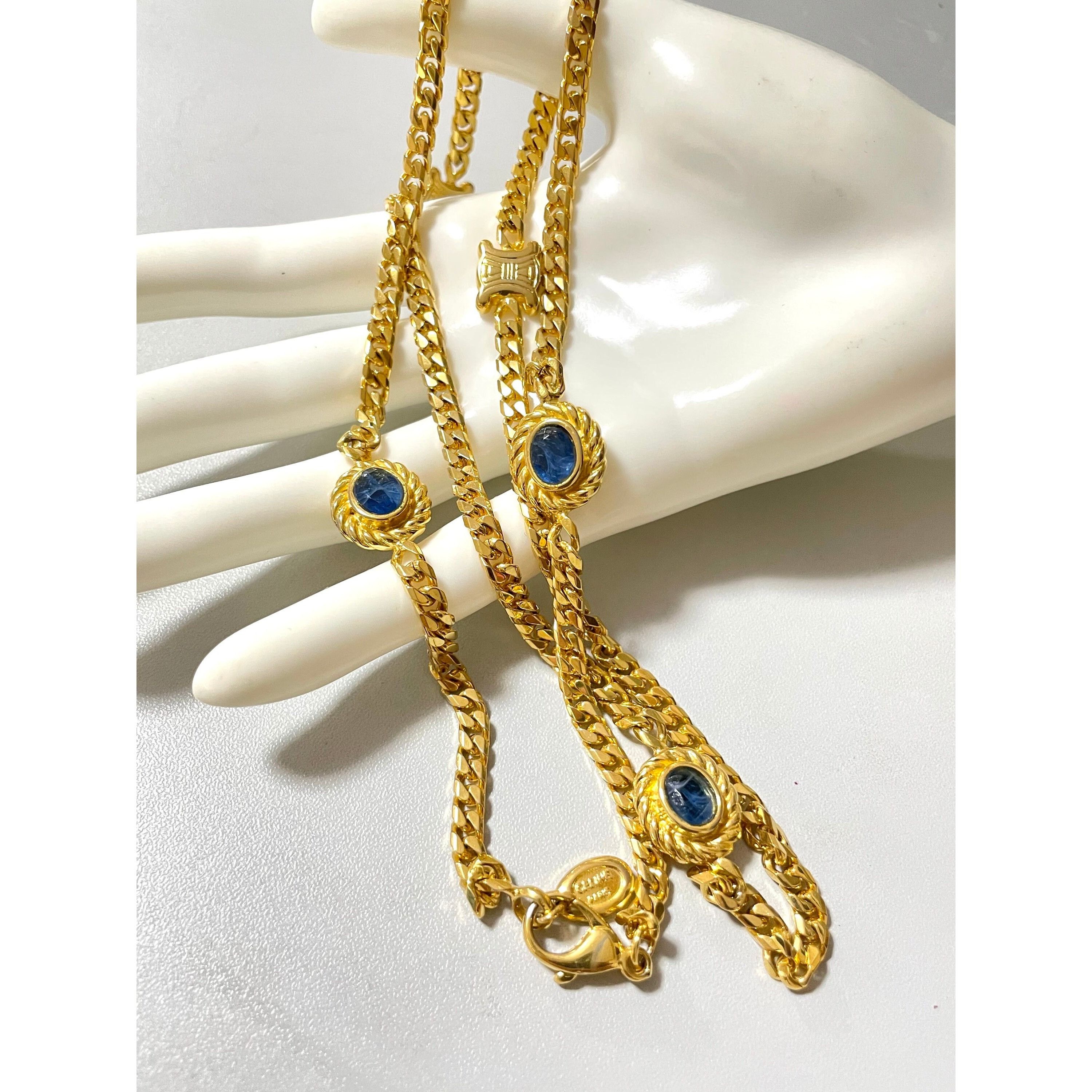 Celine Vintage Celine gold chain necklace, blue stone and triomphe Size ONE SIZE - 10 Thumbnail