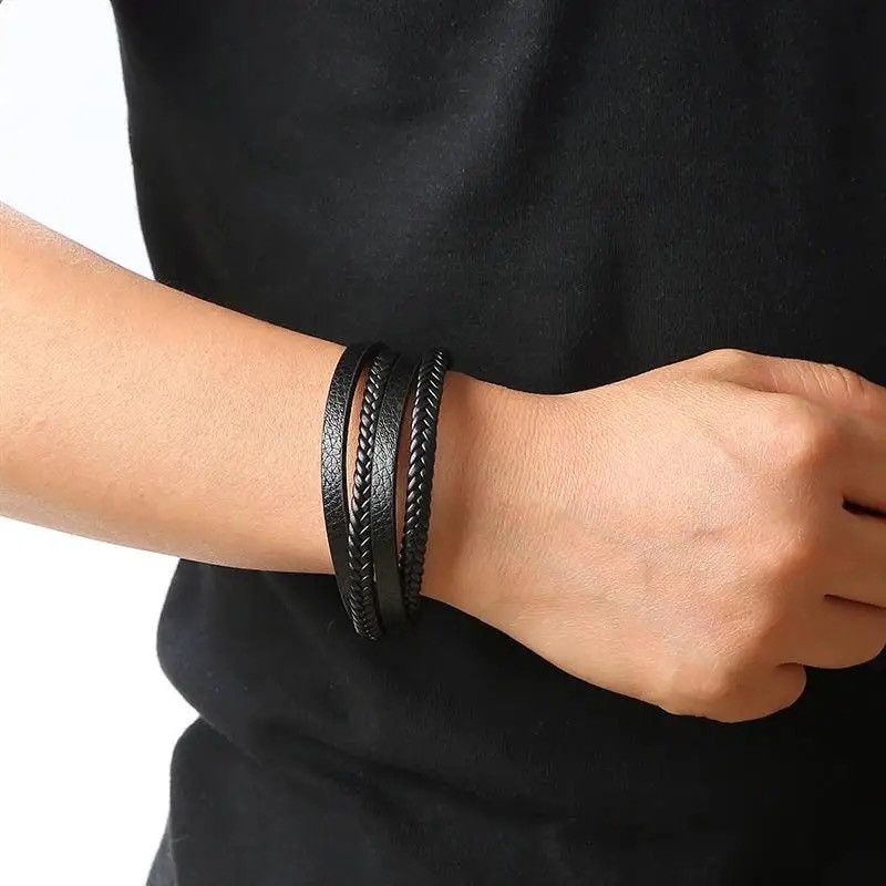 Jewelry × Vintage Leather Bracelet Stainless Steel Hand-woven Multi-layer Size ONE SIZE - 2 Thumbnail