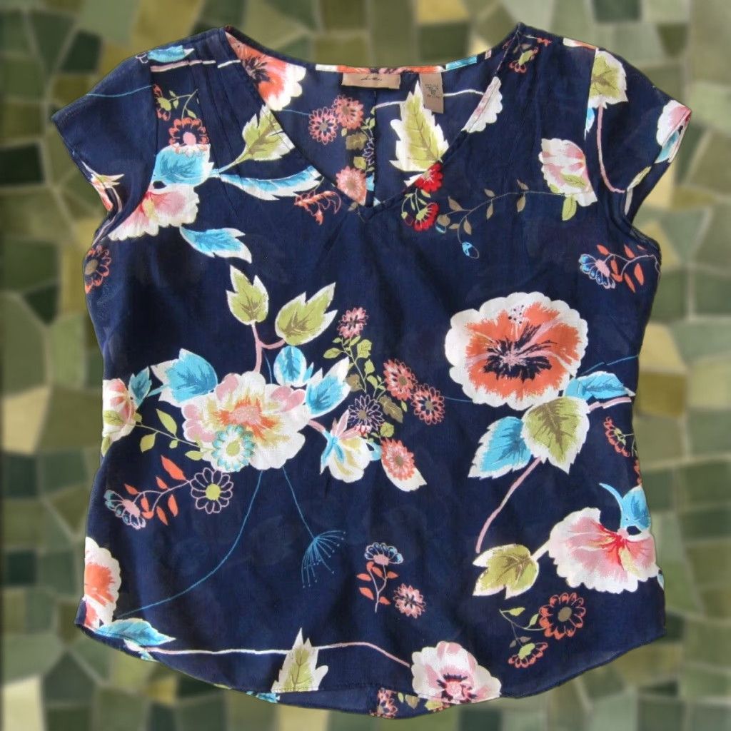 Vintage ie 100% Silk Sheer Blue Green Red White Floral V-Neck Short Sleeve Blouse 10 Size L / US 10 / IT 46 - 1 Thumbnail