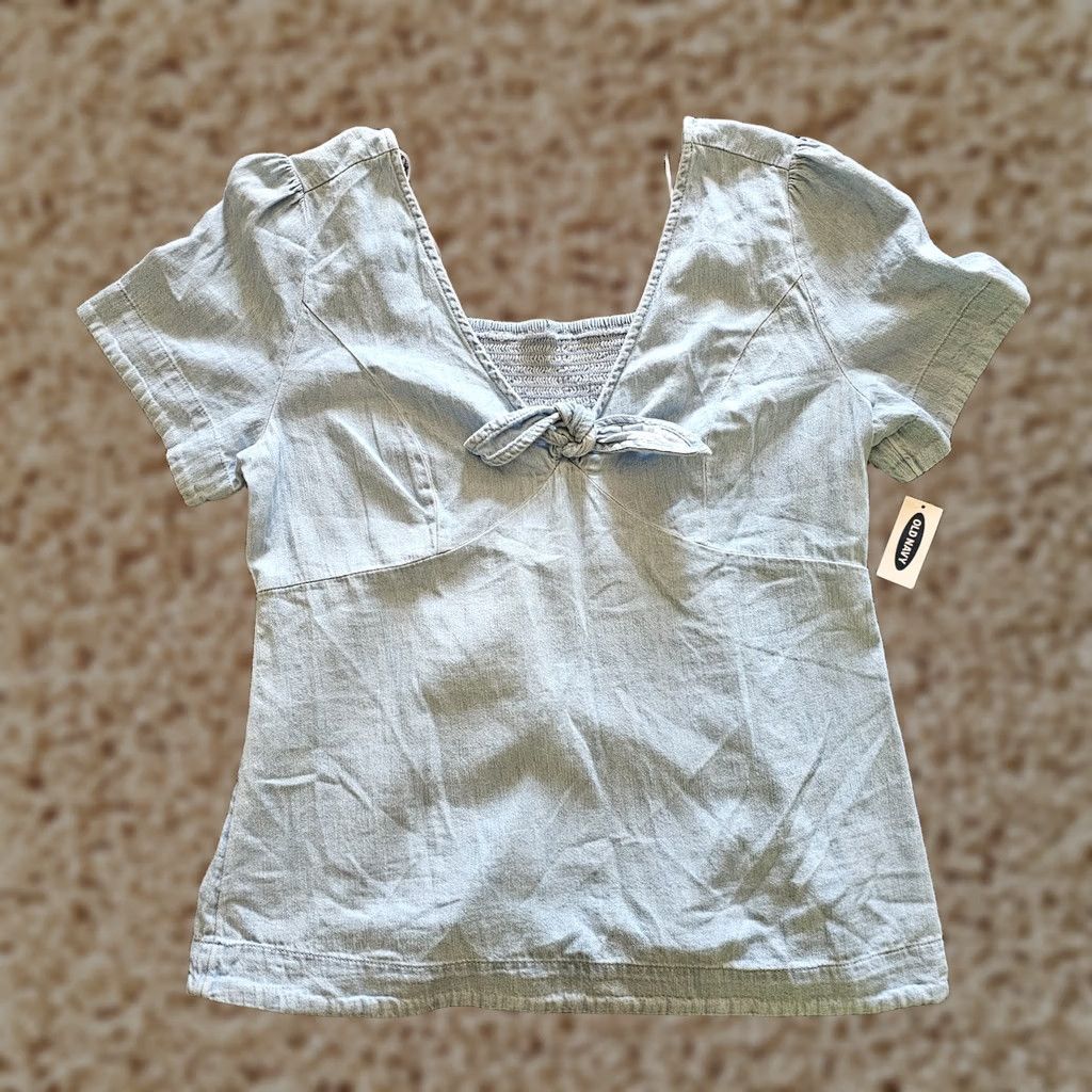 Old Navy Old Navy Top Women Large Blue Jean Denim V-Neck Short Sleeve Casual Blouse Size L / US 10 / IT 46 - 1 Thumbnail