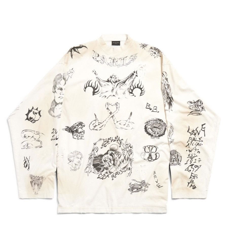 image of Balenciaga Tat Long Sleeve T-Shirt Oversized In Off White, Men's (Size XL)