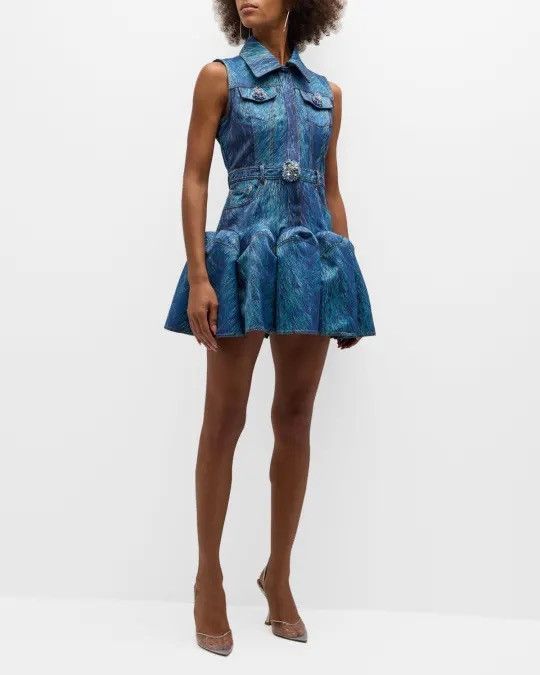 denim dress with fur HIT THE TOWN FEATHER TRIM DENIM MAXI DRESS