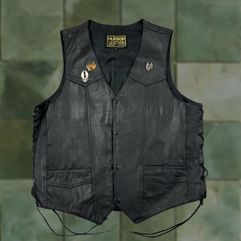 Hudson VINTAGE Hudson Leather Biker Vest Adult L Black Leather Snaps 90s Mens Motorcycle Vintage Size US L / EU 52-54 / 3 - 1 Thumbnail