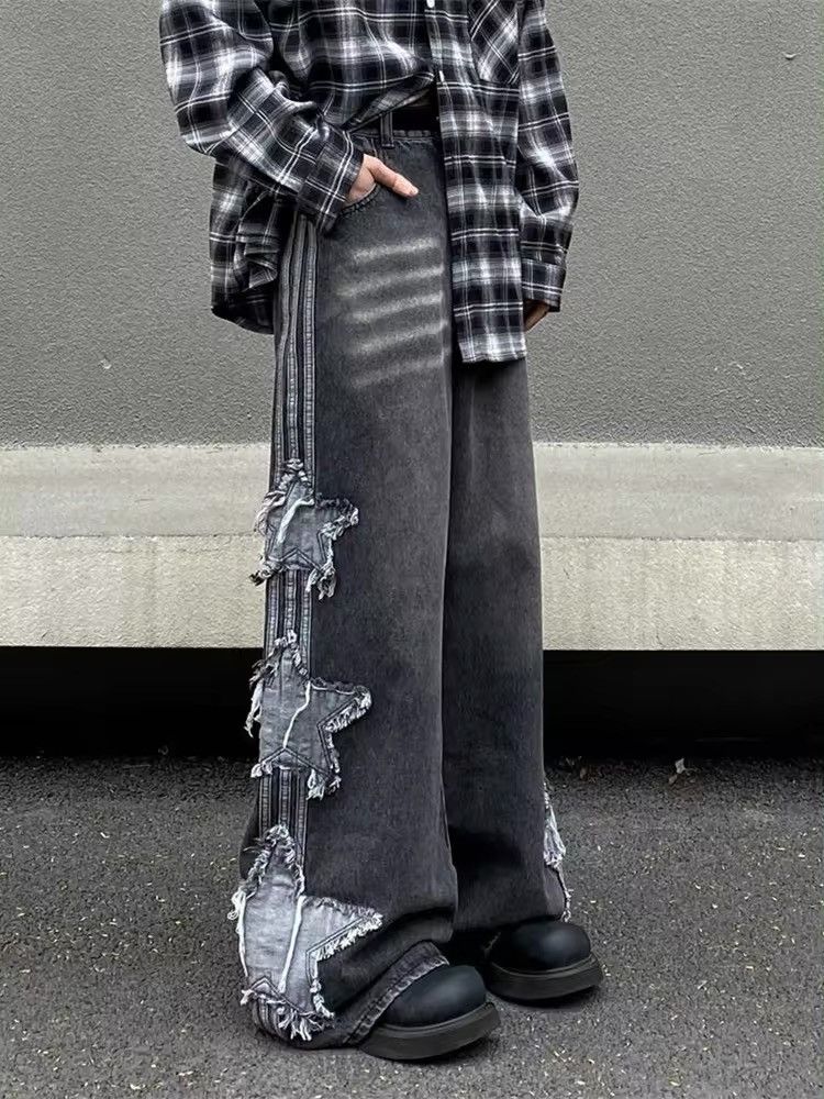 Japanese Brand × Jean Star Patch Embroidery Baggy Stacked Jeans Size US 33 - 1 Thumbnail