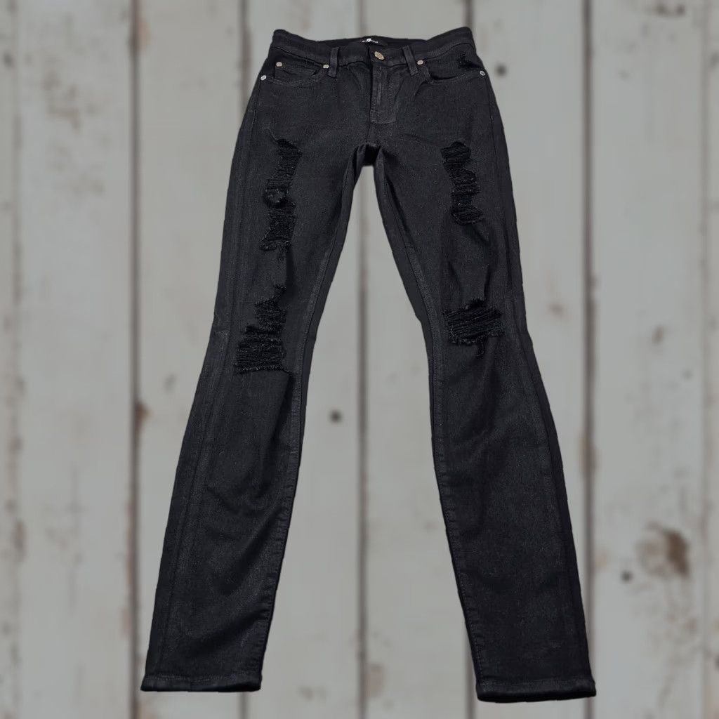 7 For All Mankind 7 For All Mankind Skinny Jeans Womens 25 Black Low Rise Distressed Stretch 25x28 Size 42" / US 20 - 1 Thumbnail
