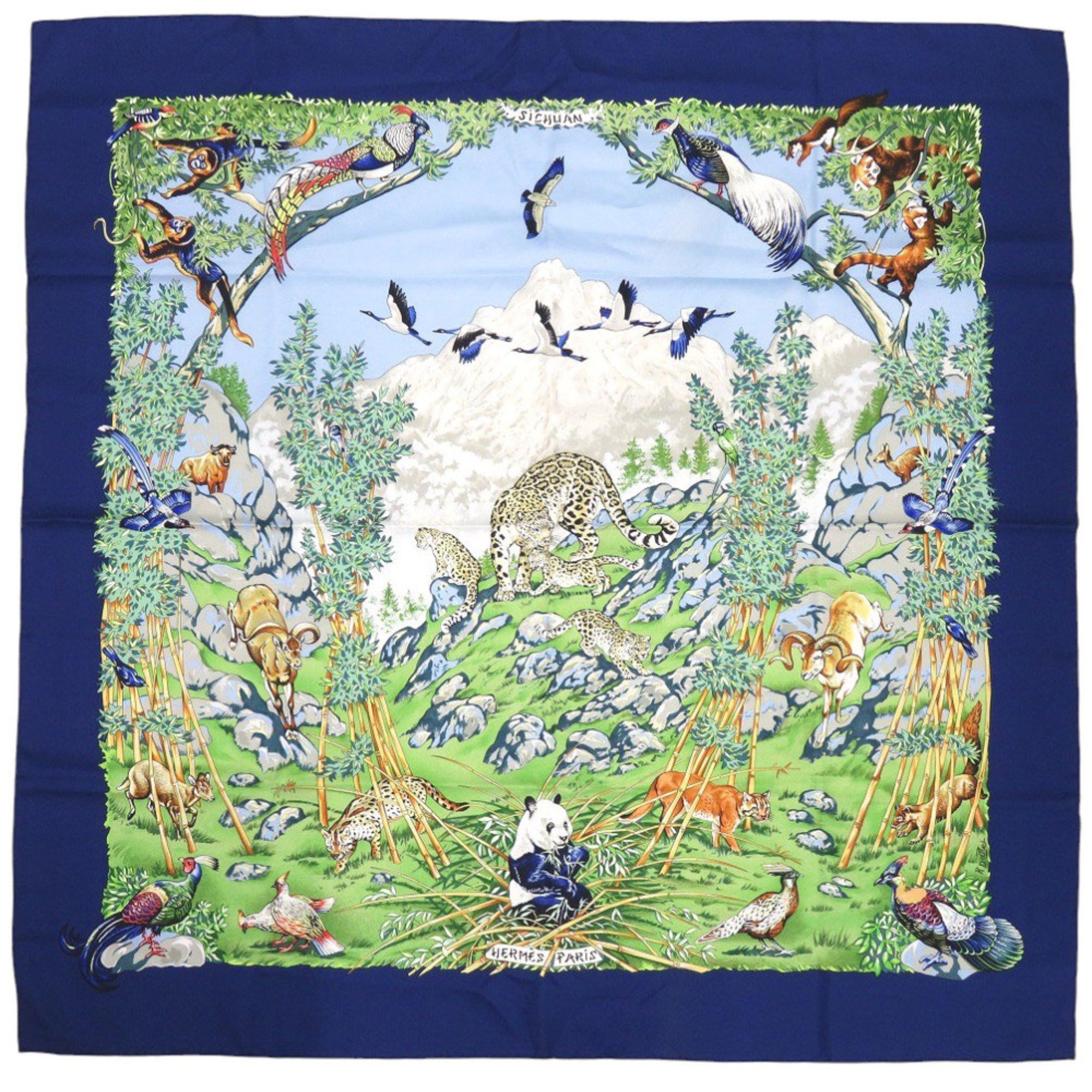 Hermes Hermes Hermès Carré 90 SICHUAN Silk Scarf, Navy Blue, 0124, from Sichuan Province Size ONE SIZE - 1 Thumbnail