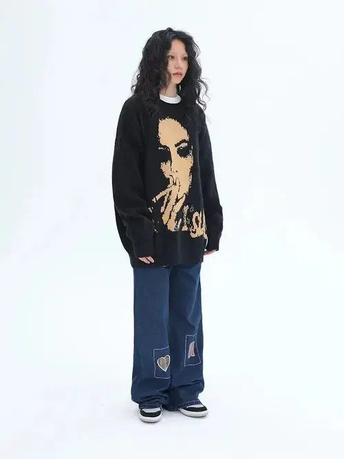 Japanese Brand Knit Black Sweater Vintage High Street Oversize Hip Hop y2k Size US M / EU 48-50 / 2 - 4 Thumbnail