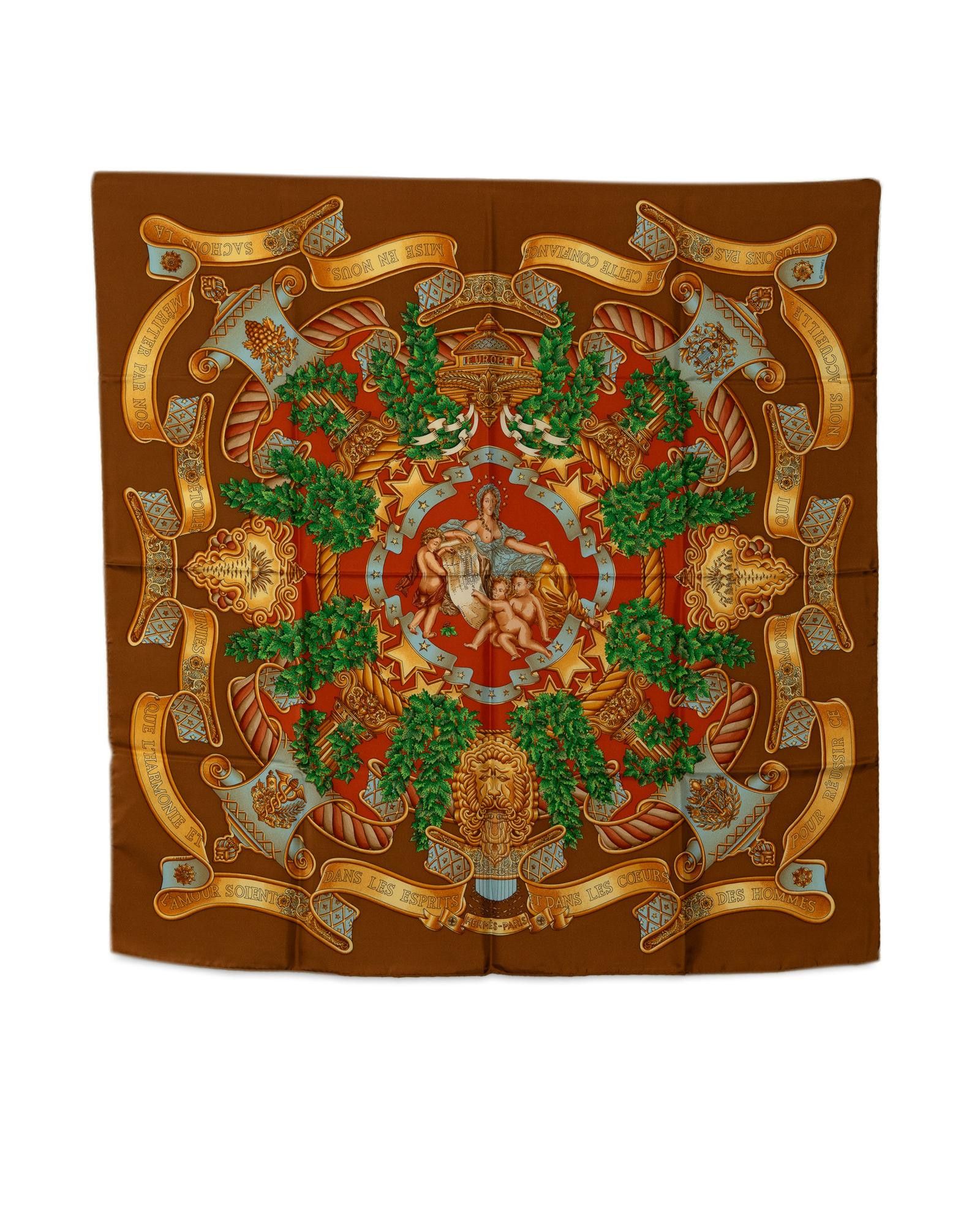 image of Hermes Silk Print Scarf in Brown, Women's