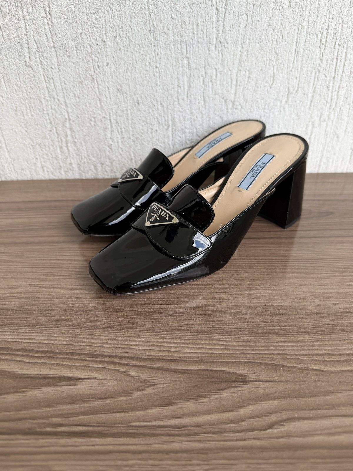 Prada Patent leather triangle logo mules heel Size US 7 / IT 37 - 4 Thumbnail
