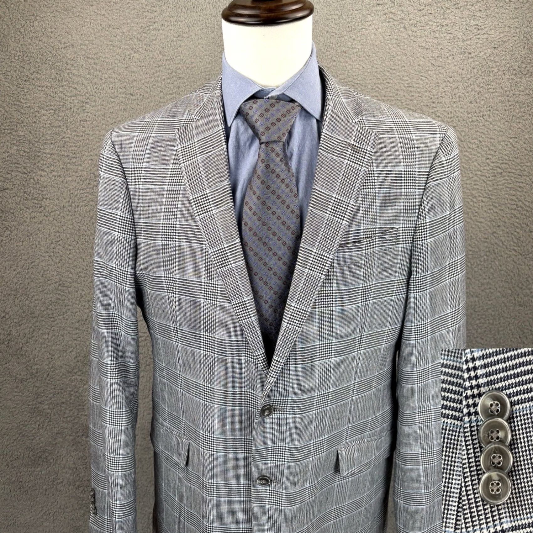 Jos. A. Bank Jos A Bank Blazer Mens 40L White Navy Glen Plaid Sport Coat Cotton Linen Blend Regular Long Notch JAB 80s 90s Classic Designer USA Mens Size 40R - 2 Thumbnail