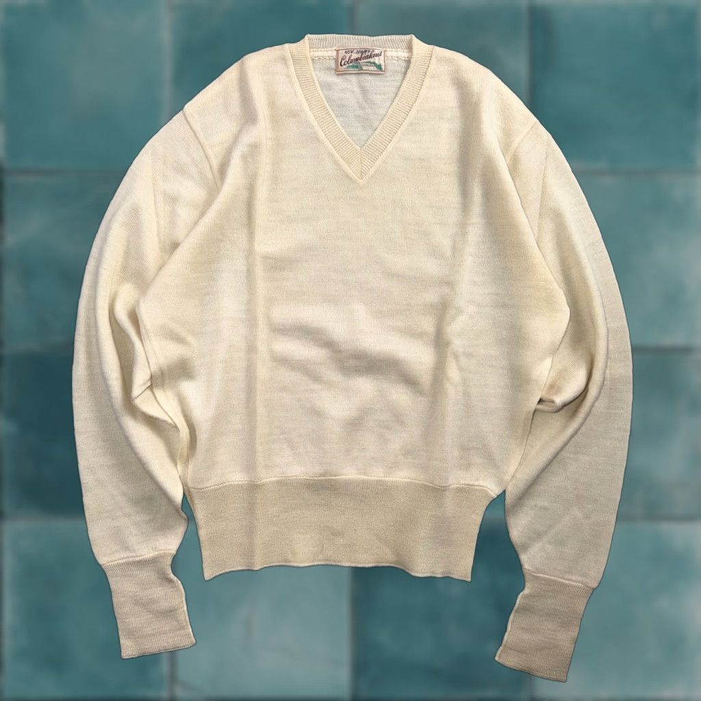 Vintage VINTAGE 1950s Wool Pullover Sweater Rockabilly Mens V Neck Ivory Columbia Knit Shirt Mens 40 Regular Wool Size US L / EU 52-54 / 3 - 1 Thumbnail
