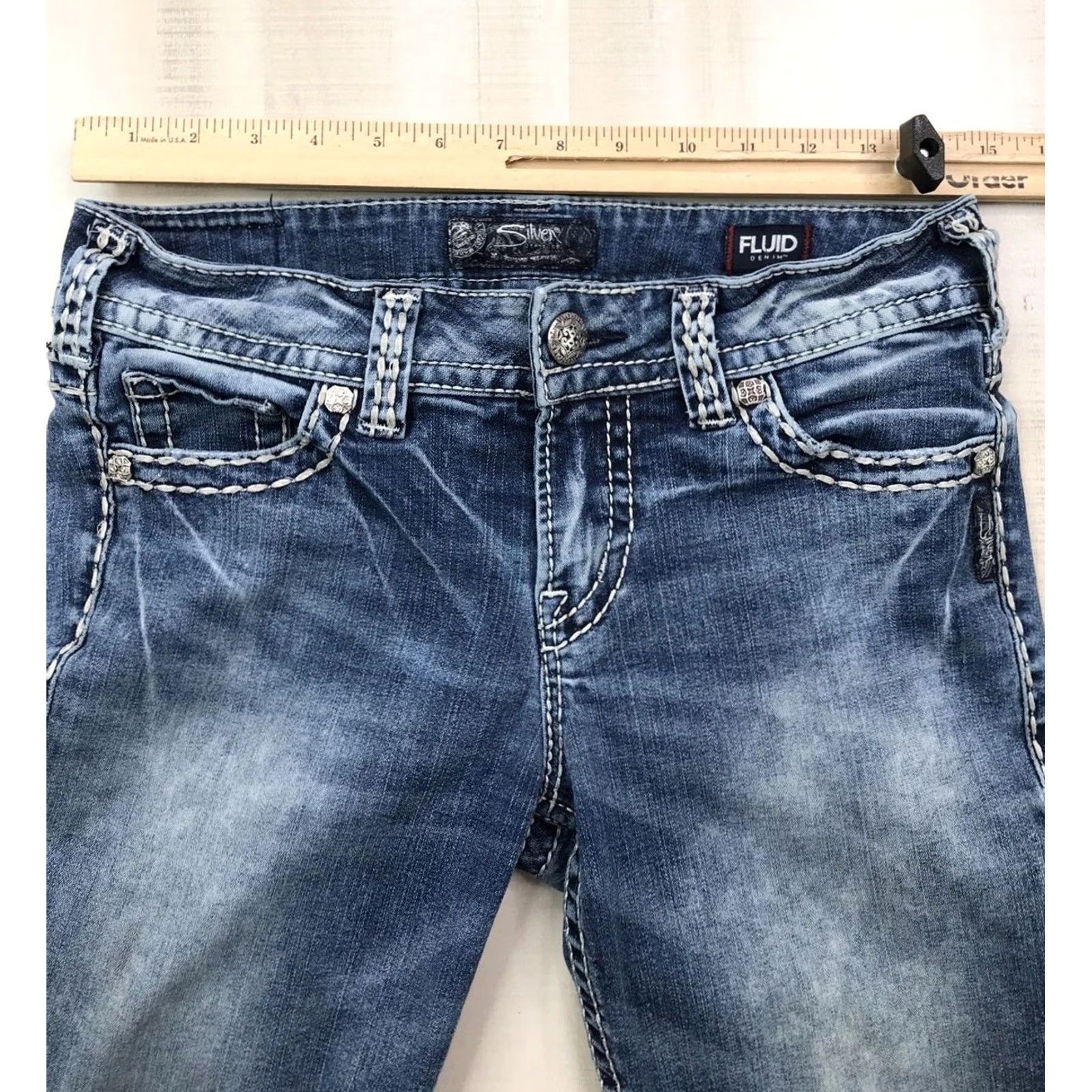 Silver Jeans Co. VINTAGE Silver Jeans Suki Embroidered Denim Jeans Bootscut Women 29x31 Blue Cotton Blend Pocket Distressed Mid Rise 8.5-10.5in Casual Mens? Size 29" - 3 Thumbnail