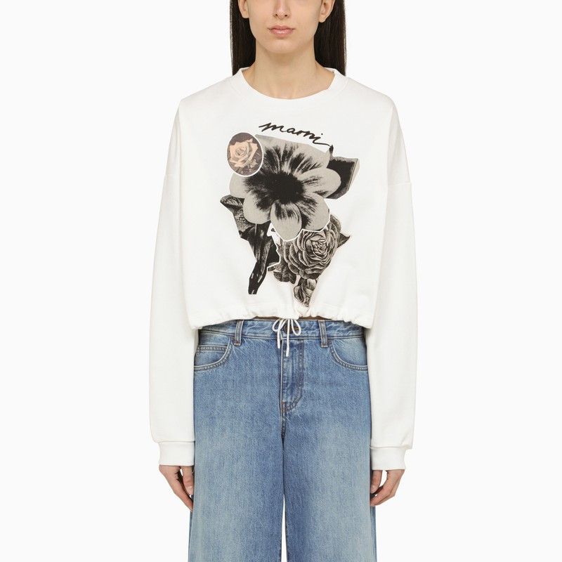 image of Marni White Cotton Sweatshirt With Floral Collage Print, Women's (Size Small)