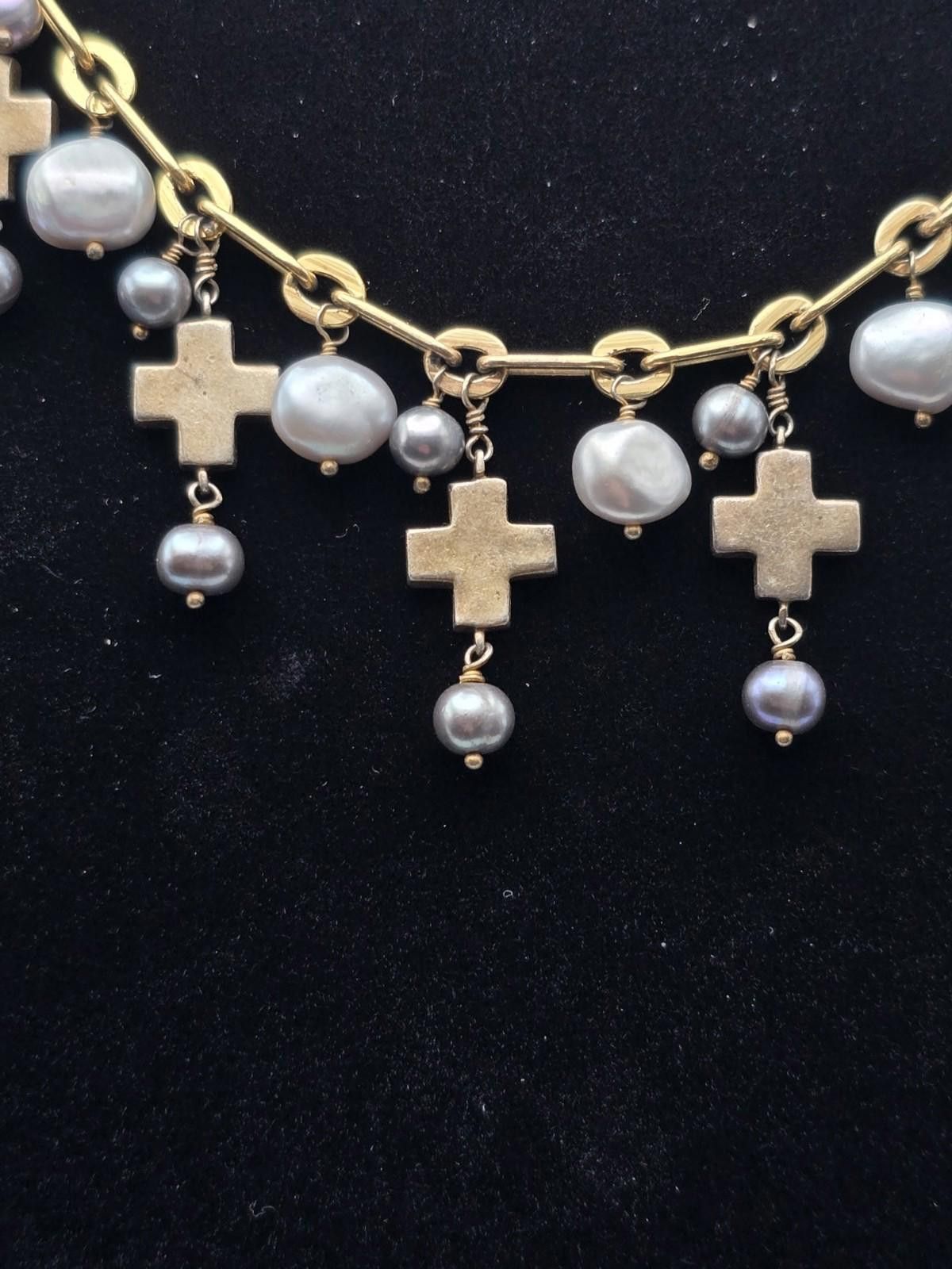 The Unbranded Brand 14k Gold Sterling Baroque Pearl Cross Necklace 20" Paperclip Size ONE SIZE - 2 Thumbnail
