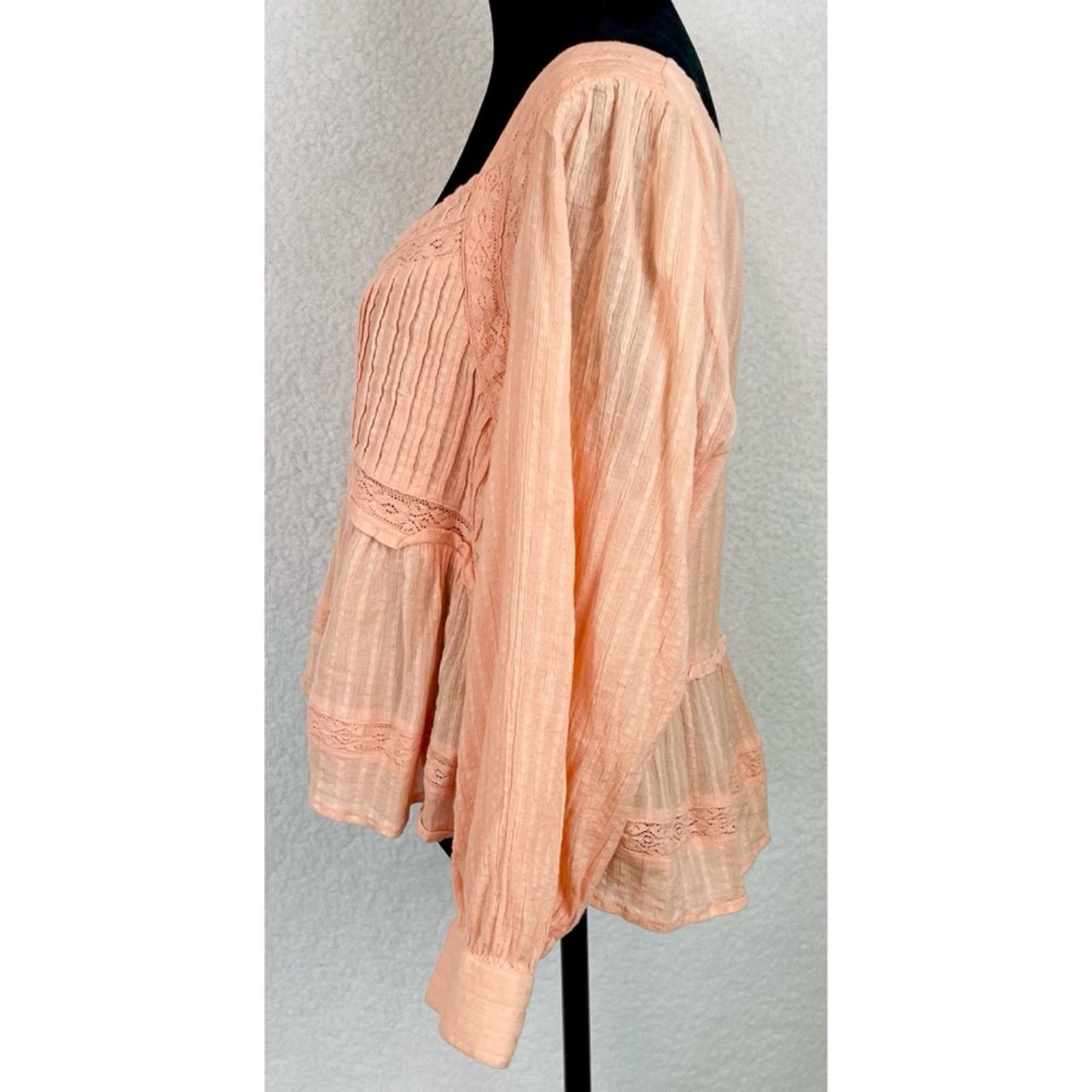 American Eagle Outfitters AMERICAN EAGLE • Peach Boho Long Sleeve Babydoll Blouse Size L / US 10 / IT 46 - 7 Thumbnail