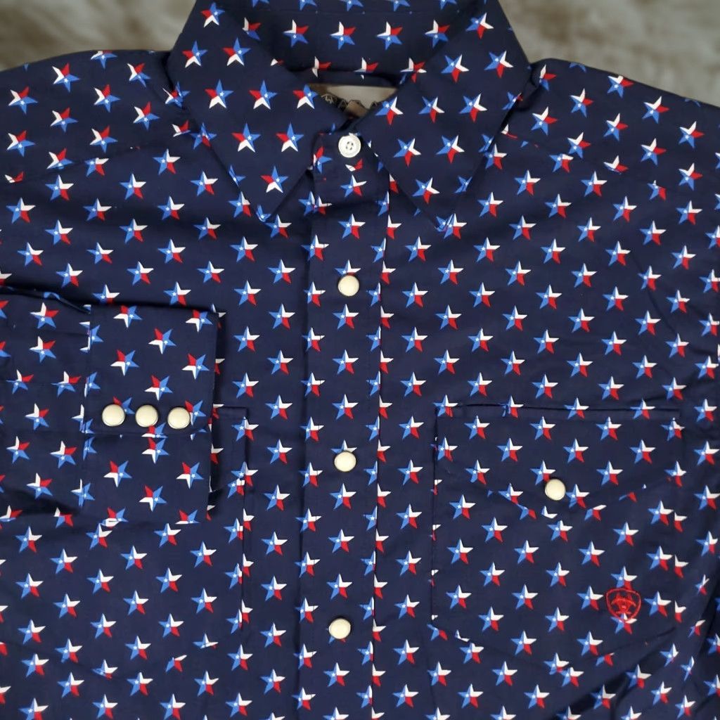 Ariat Ariat Shirt Mens XS Blue Western Pearl Snap Button Long Sleeve Star Print Officials? Size US XS / EU 42 / 0 - 1 Thumbnail