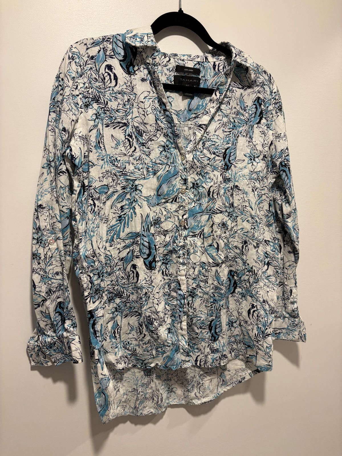 Elie Tahari Tahari Blue & White 100% Linen Floral/Bird Print Blouse Sm Size S / US 4 / IT 40 - 2 Thumbnail