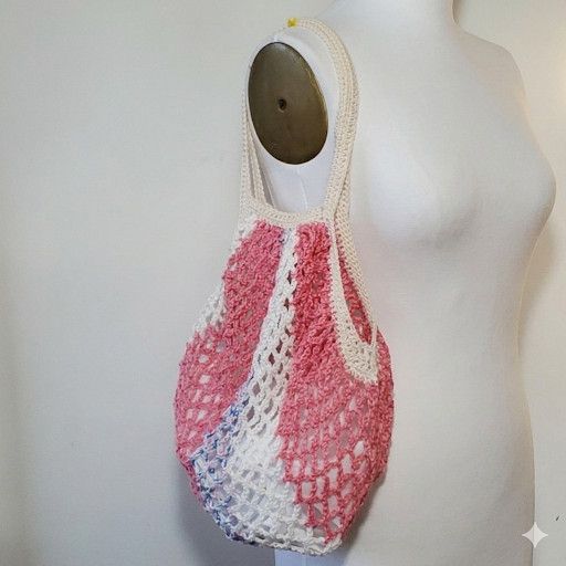 Handmade Farmers Market Bag Pink Handmade Crochet French Net Sack Size ONE SIZE - 4 Thumbnail