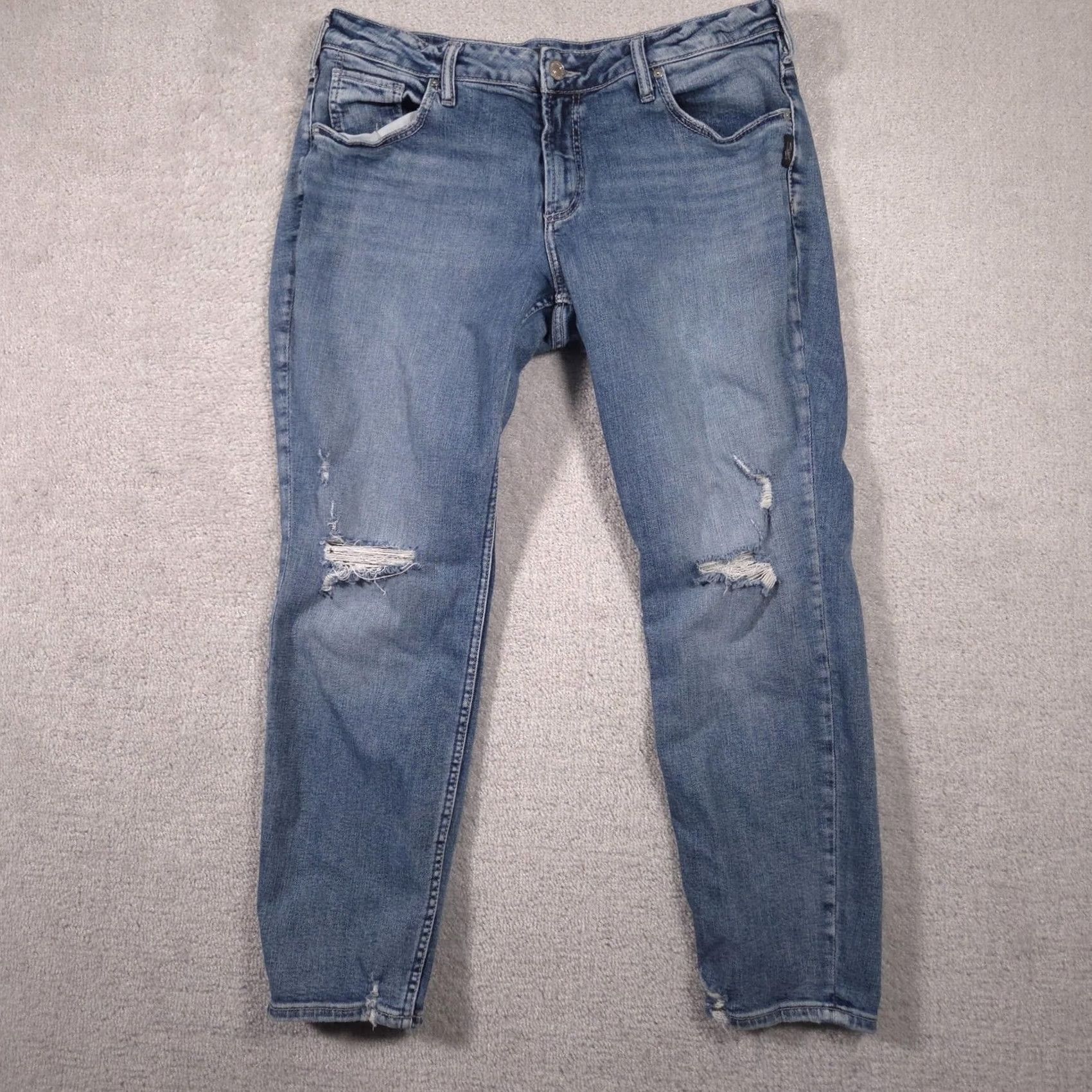 Silver Jeans Co. Silver Jeans Co Women's 34 Boyfriend Jeans Blue Wash Mid Rise Distressed Cropped Crop 5-Pocket Denim Cotton Blend Relaxed Womens Jeans Size 24" / US 00 / IT 34 - 2 Thumbnail