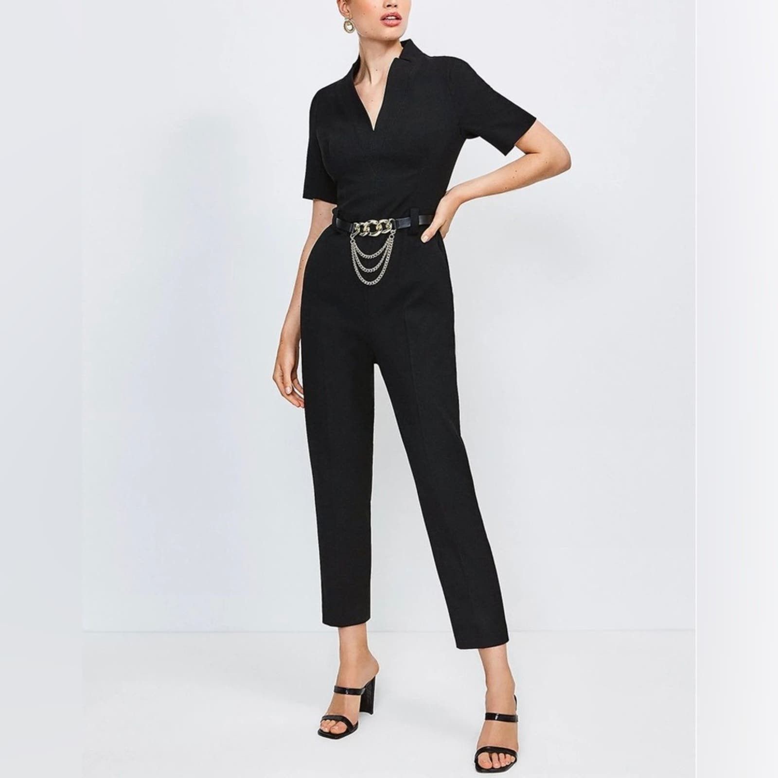image of Karen Millen Structured Crepe Forever Belted Jumpsuit Black, Women's (Size 24)