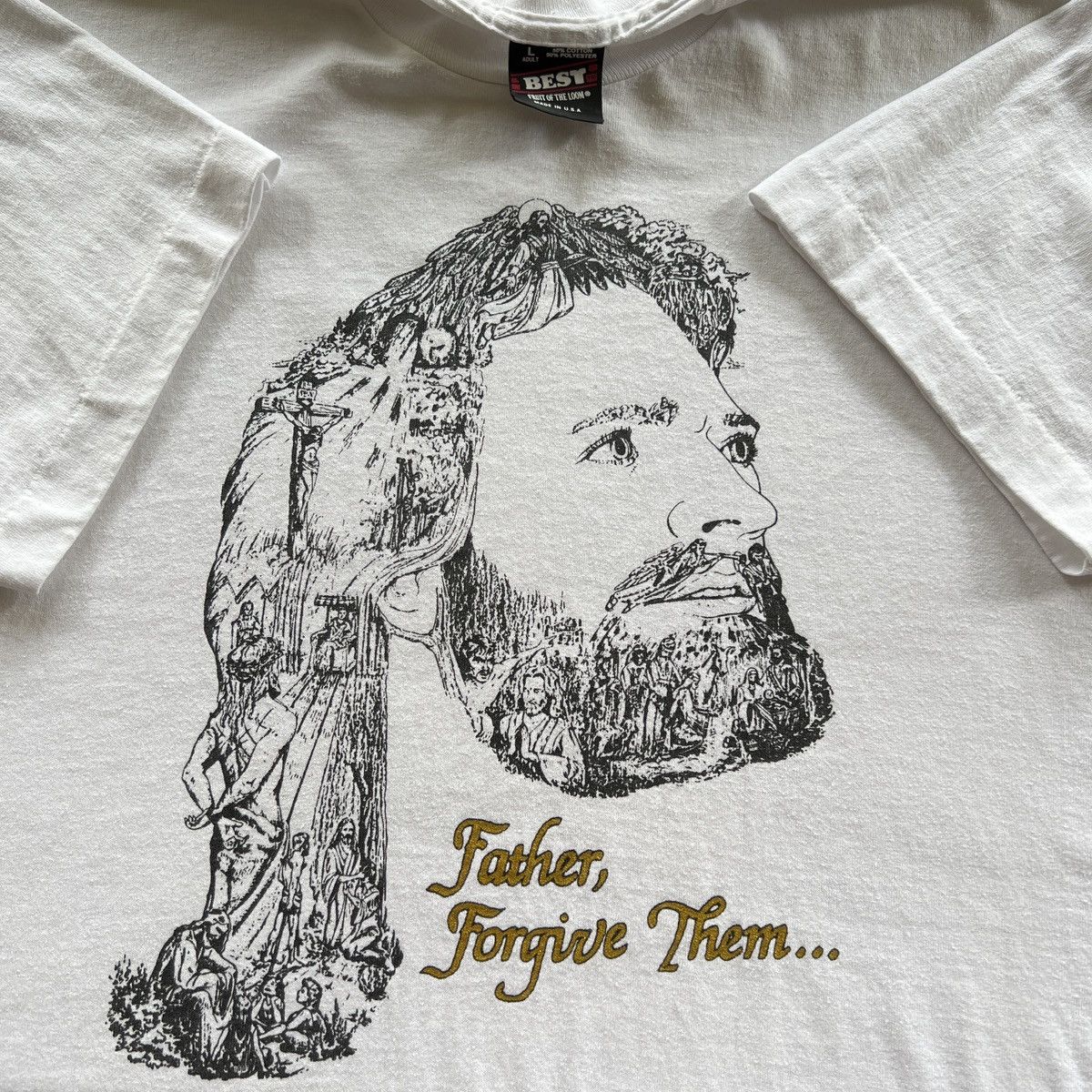 Fruit Of The Loom VTG ‘90s Statement “Father Forgive Them” Jesus Art Tee Shirt Size US L / EU 52-54 / 3 - 1 Thumbnail