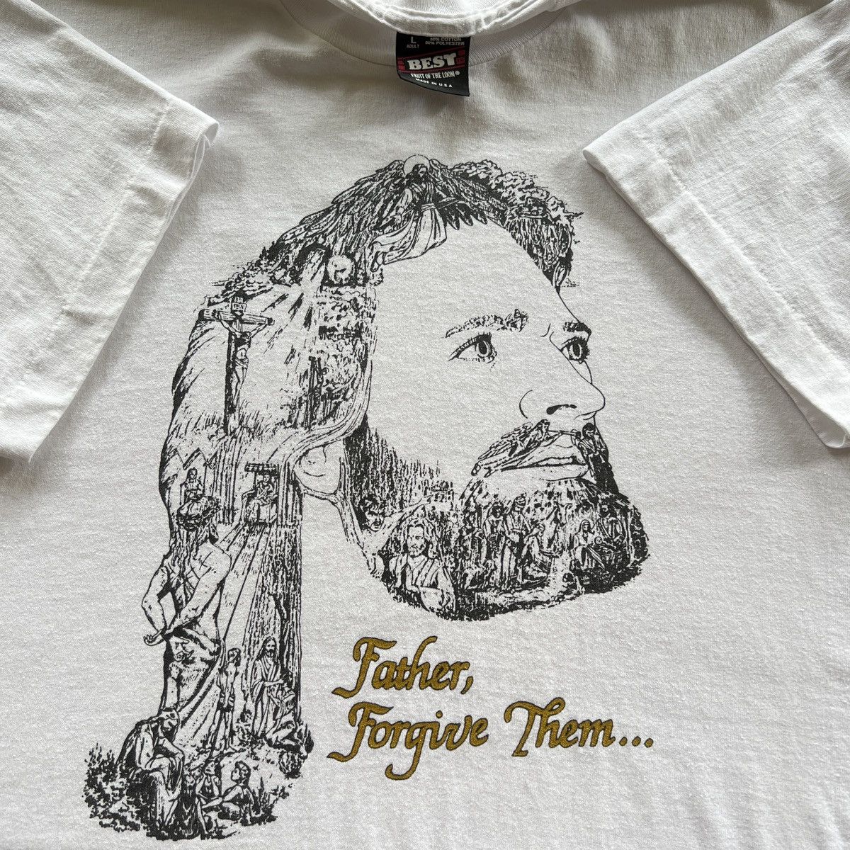 image of Fruit Of The Loom x Made In USA VTG ‘90S Statement “Father Forgive Them” Jesus Art Tee Shirt in Whi