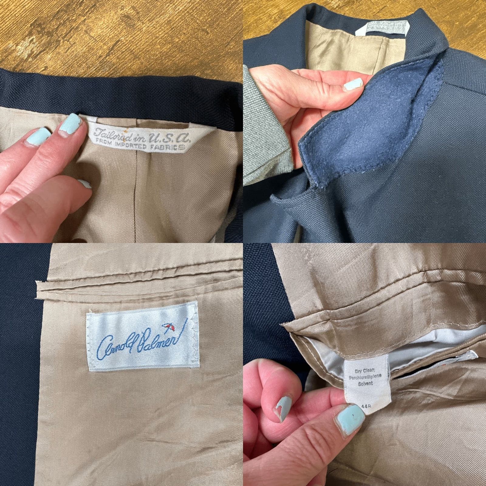 Vintage Arnold Palmer Blazer Sport Coat Navy Blue Gold Buttons Crest Made in USA Blazer 44R Men, Navy Blue, Crest, USA, 44, Regular, Tan Exterior, P2P 22” Size 44R - 8 Thumbnail