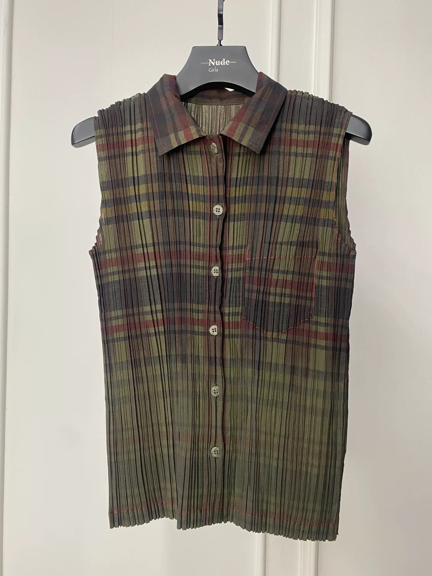 Issey Miyake Pleated Plaid Top
