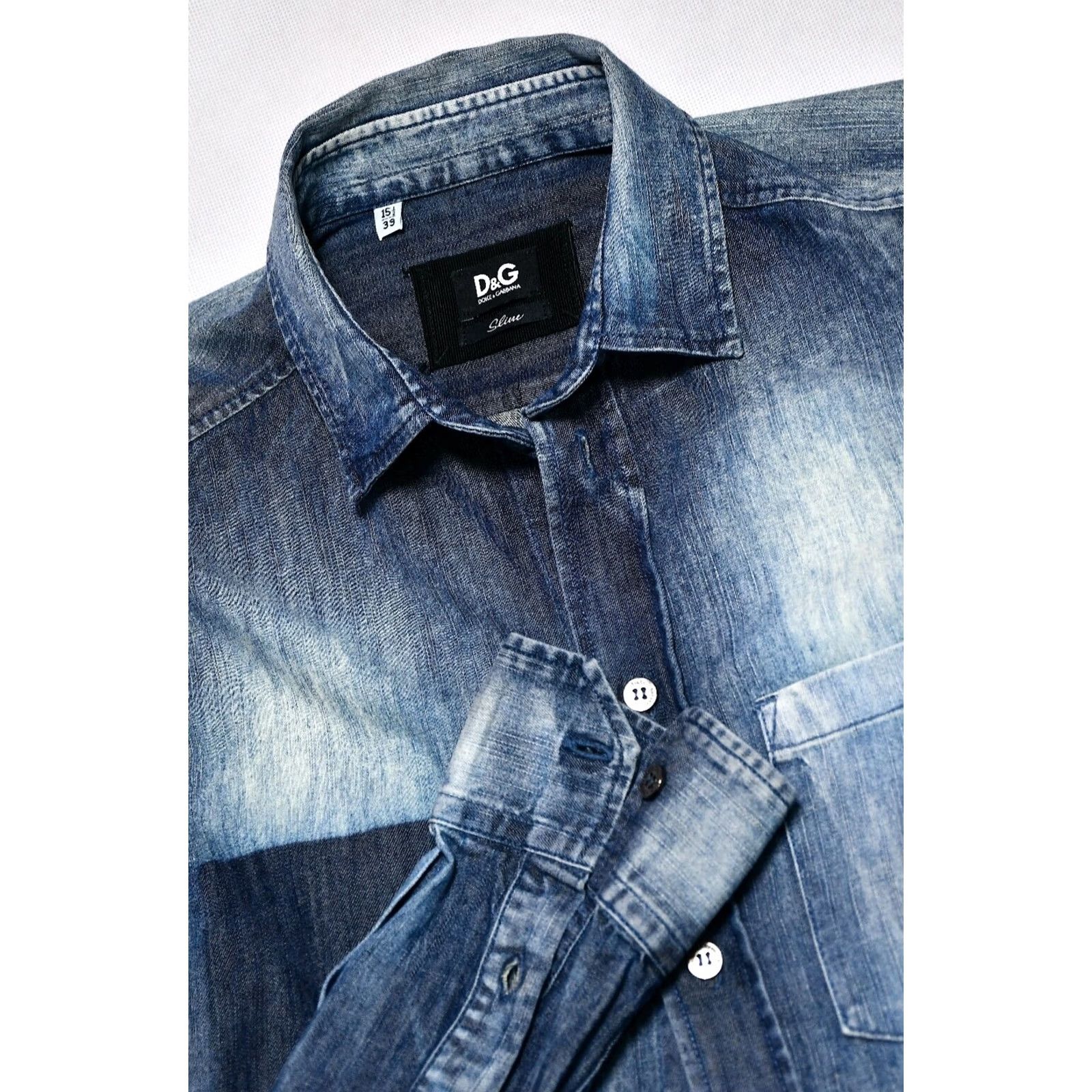 Dolce & Gabbana Dolce&Gabbana D&G Slim Denim Shirt Men 39 Blue Button-Up Casual Cotton Denim Slimming Long Sleeve Solid Shirt Mens Size US L / EU 52-54 / 3 - 7 Thumbnail