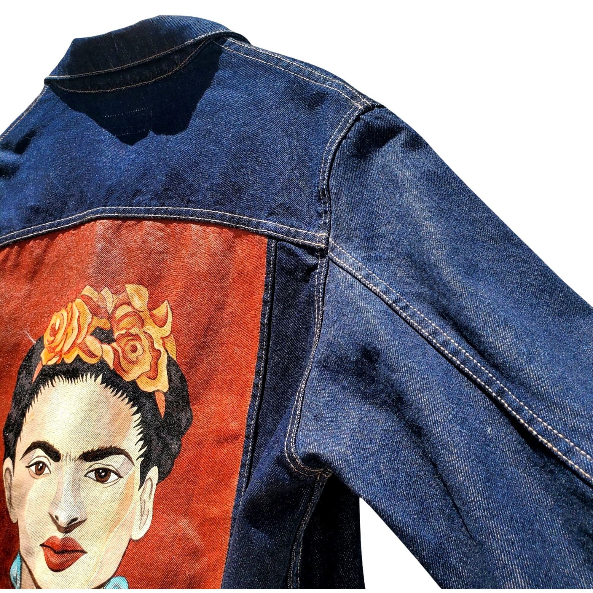 Handmade Frida Kahlo Y2K Portrait Denim Trucker Jacket Hand Painted W Size L / US 10 / IT 46 - 3 Thumbnail
