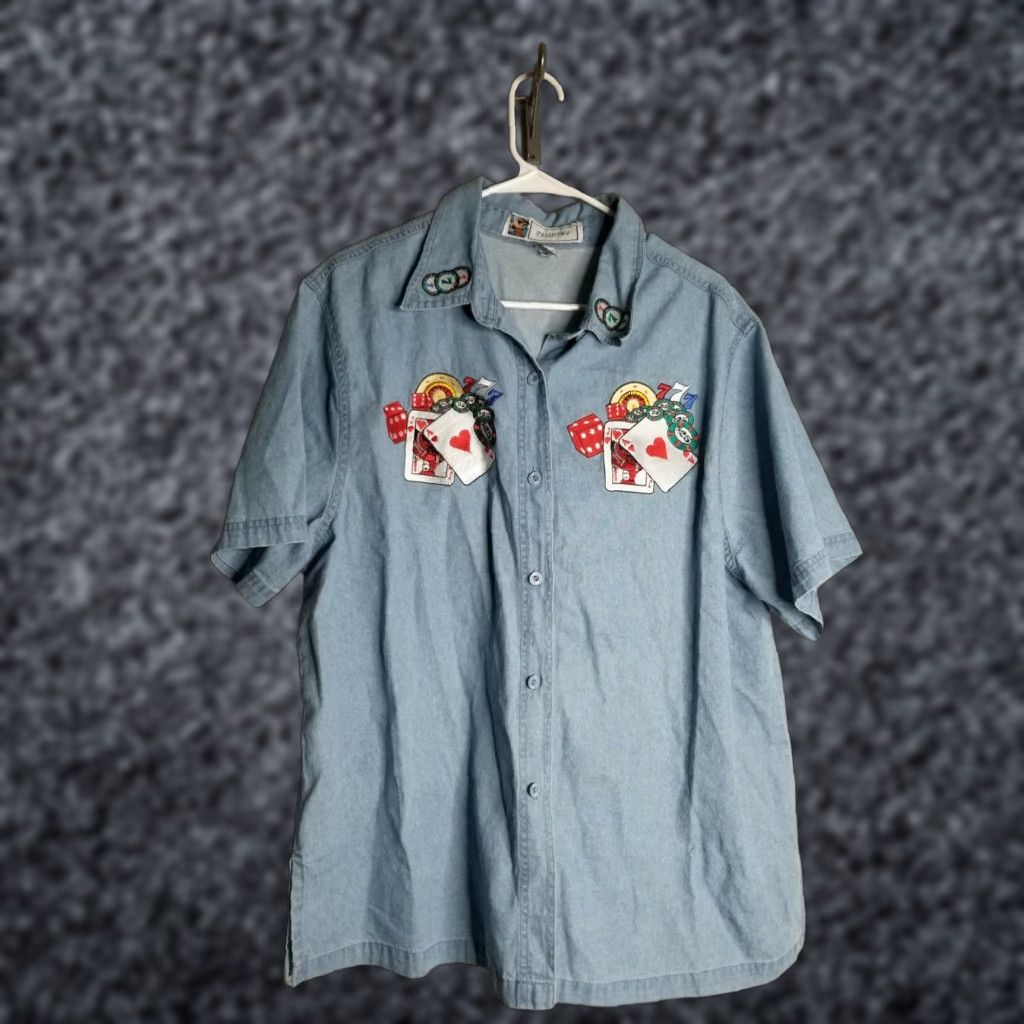 Denime VINTAGE Passion-I Lucky Casino Cards Embroidered Denim Shirt Women’s L Distressed 1990s Blue Shirt Mens Womens? Size L / US 10 / IT 46 - 1 Thumbnail